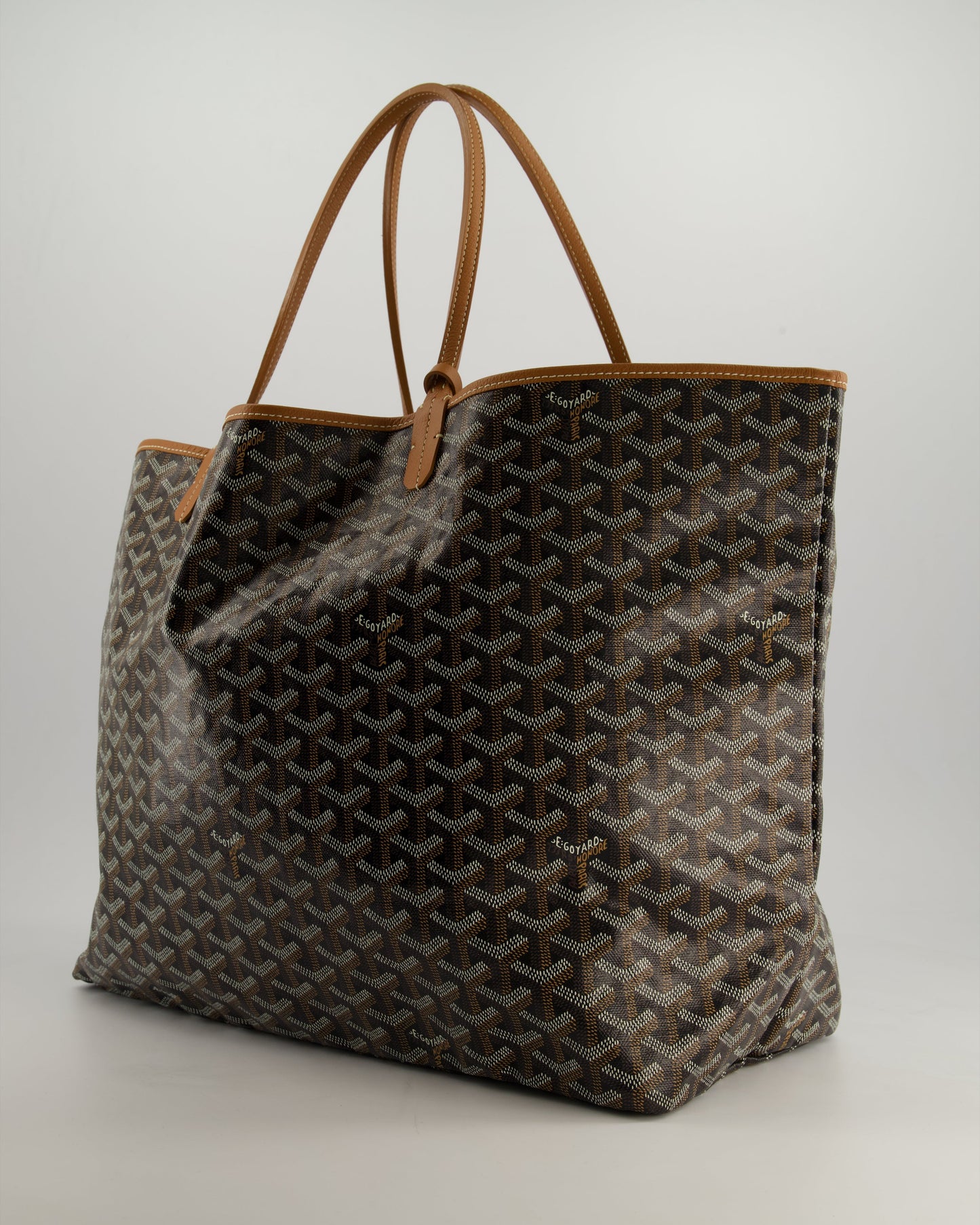 Goyard Saint Louis GM Black Shoulder Tote Bag in Goyardine Canvas and Brown Chevroches Calfskin Leather