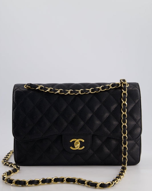Chanel Black Jumbo Classic Double Flap Bag in Caviar Leather with Gold Hardware