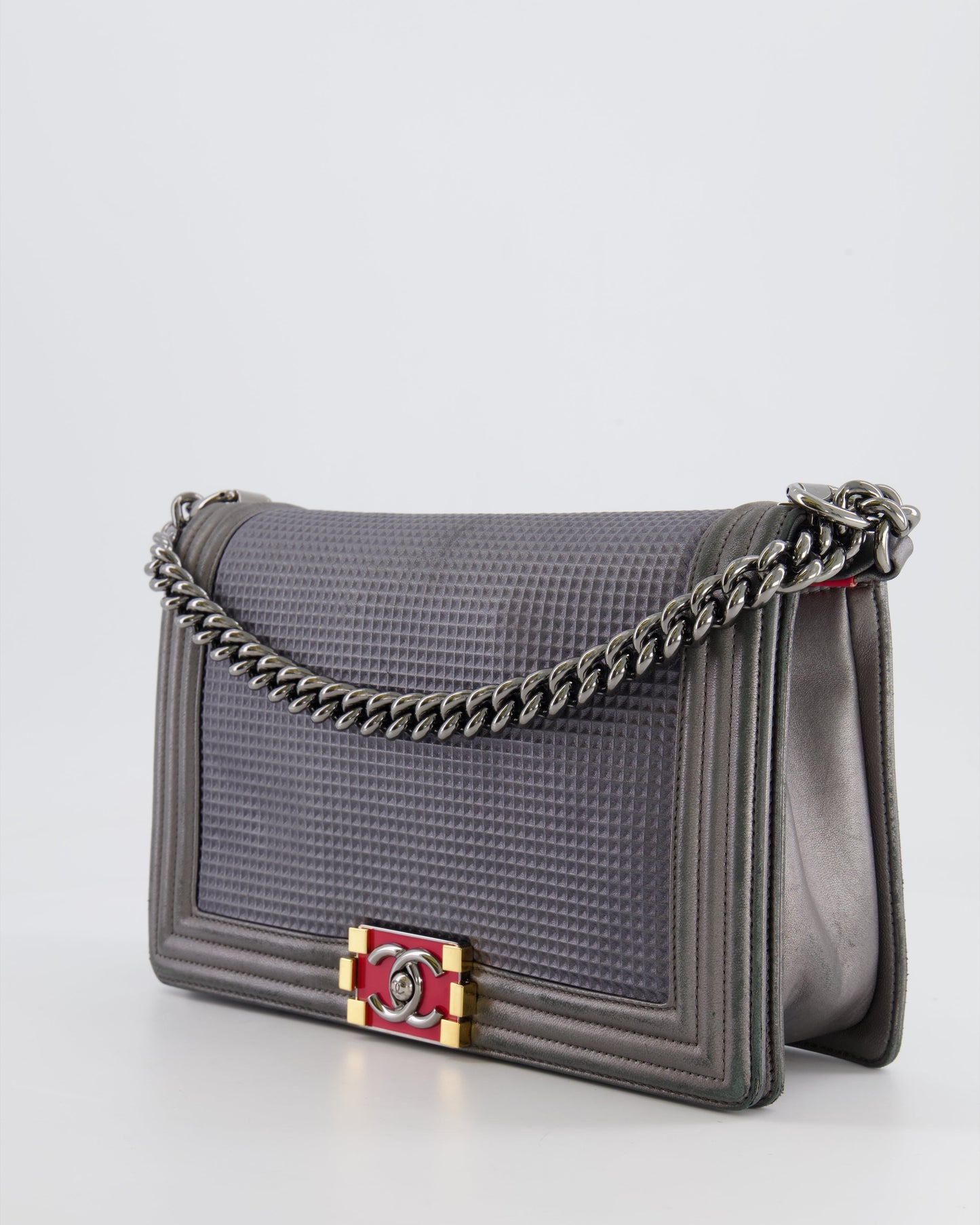 Chanel Grey Silver Medium Cube Calfskin Boy Bag with Silver, Gold and Red Hardware Hardware