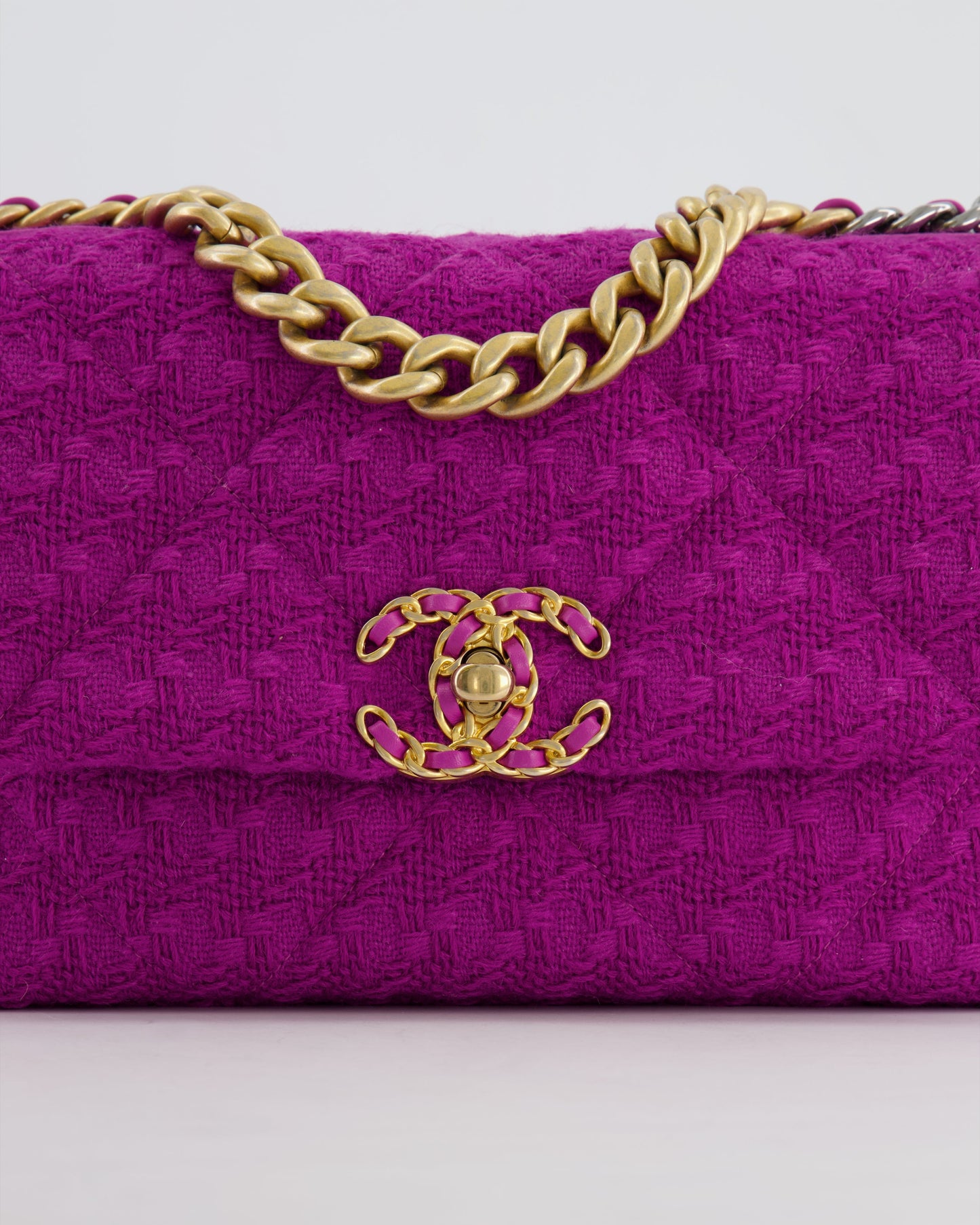 Chanel Magenta Tweed Medium 19 Bag with Mixed Hardware