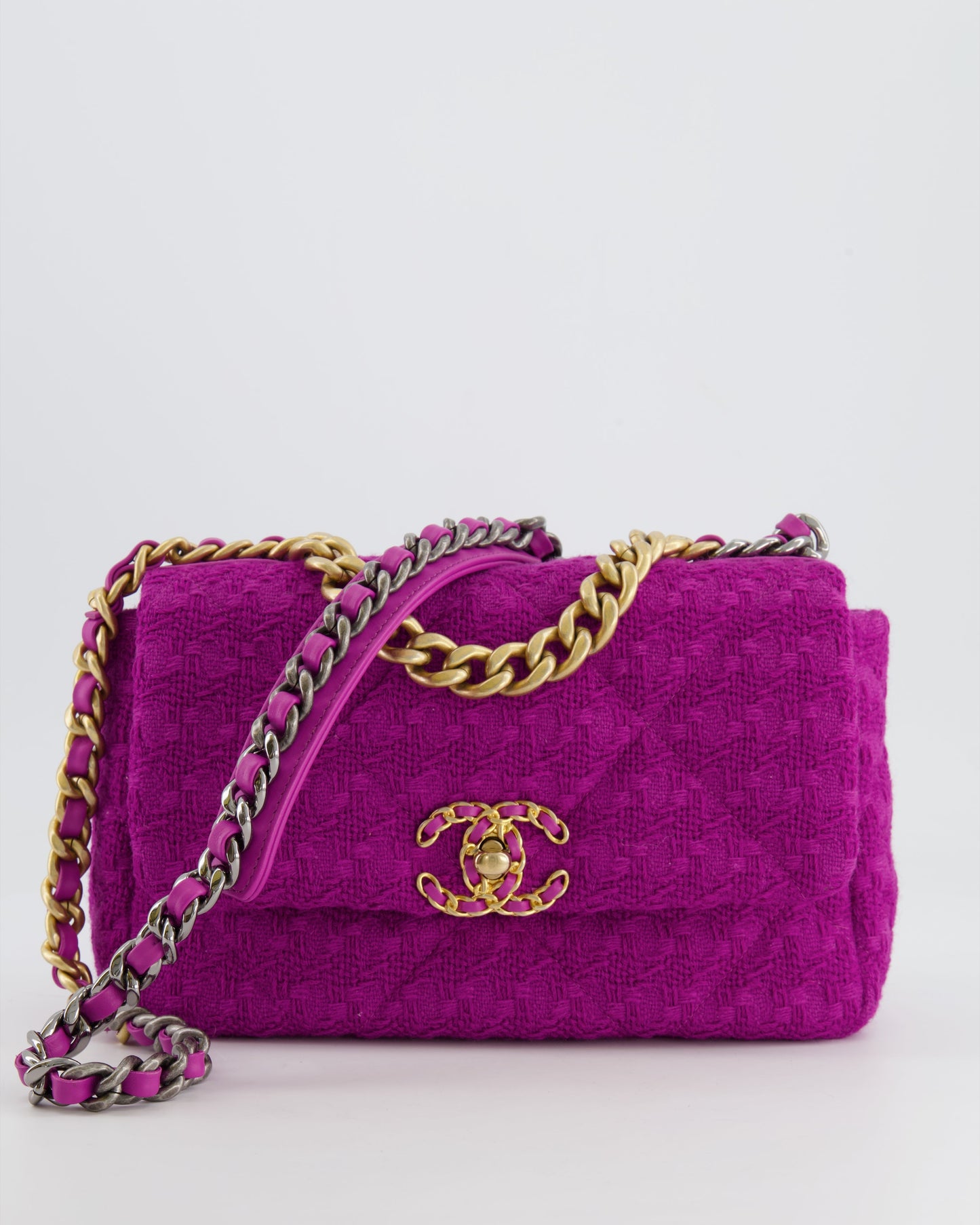 Chanel Magenta Tweed Medium 19 Bag with Mixed Hardware