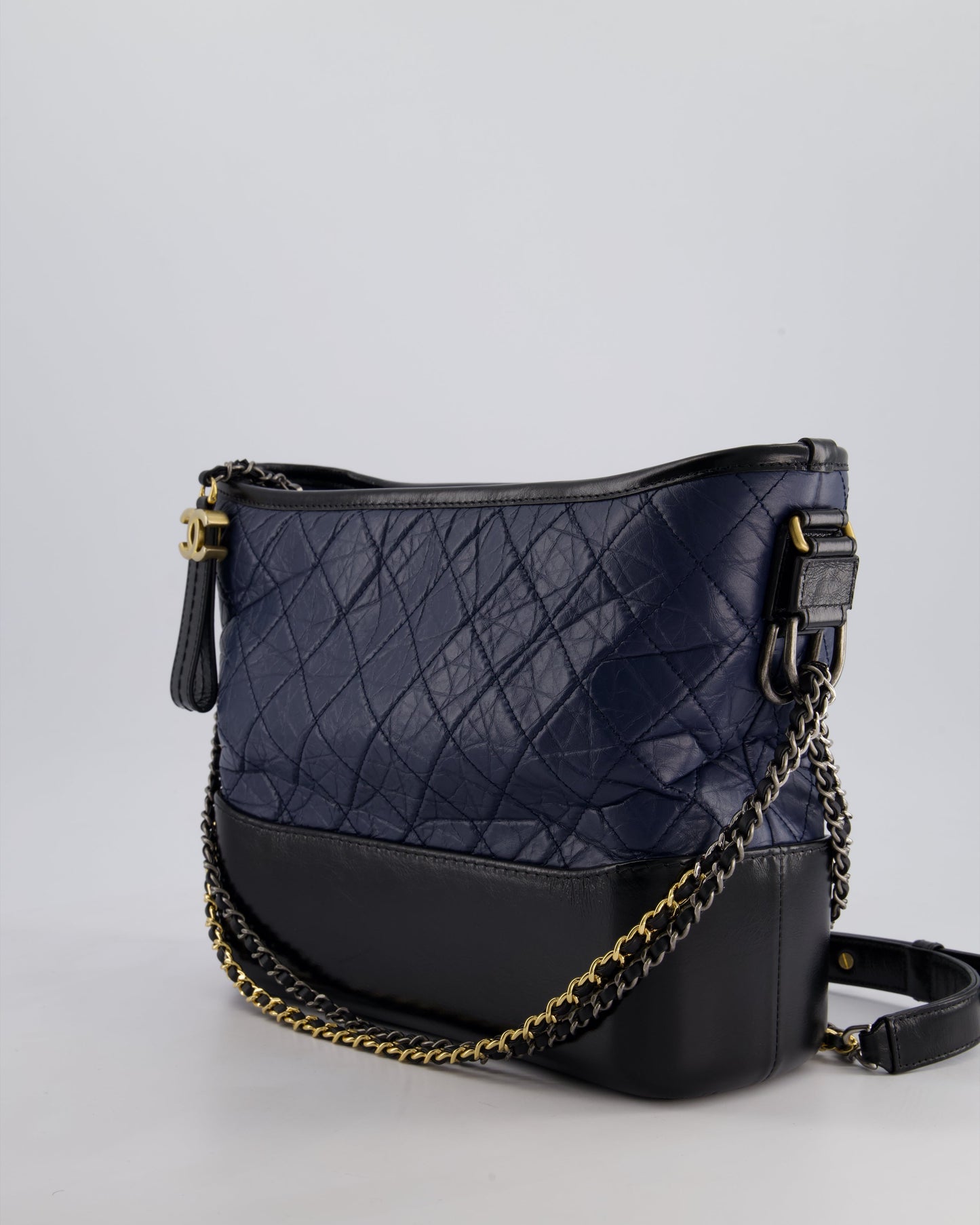 Chanel Navy & Black Medium Gabrielle Bag in Aged Calfskin Leather with Mixed Hardware