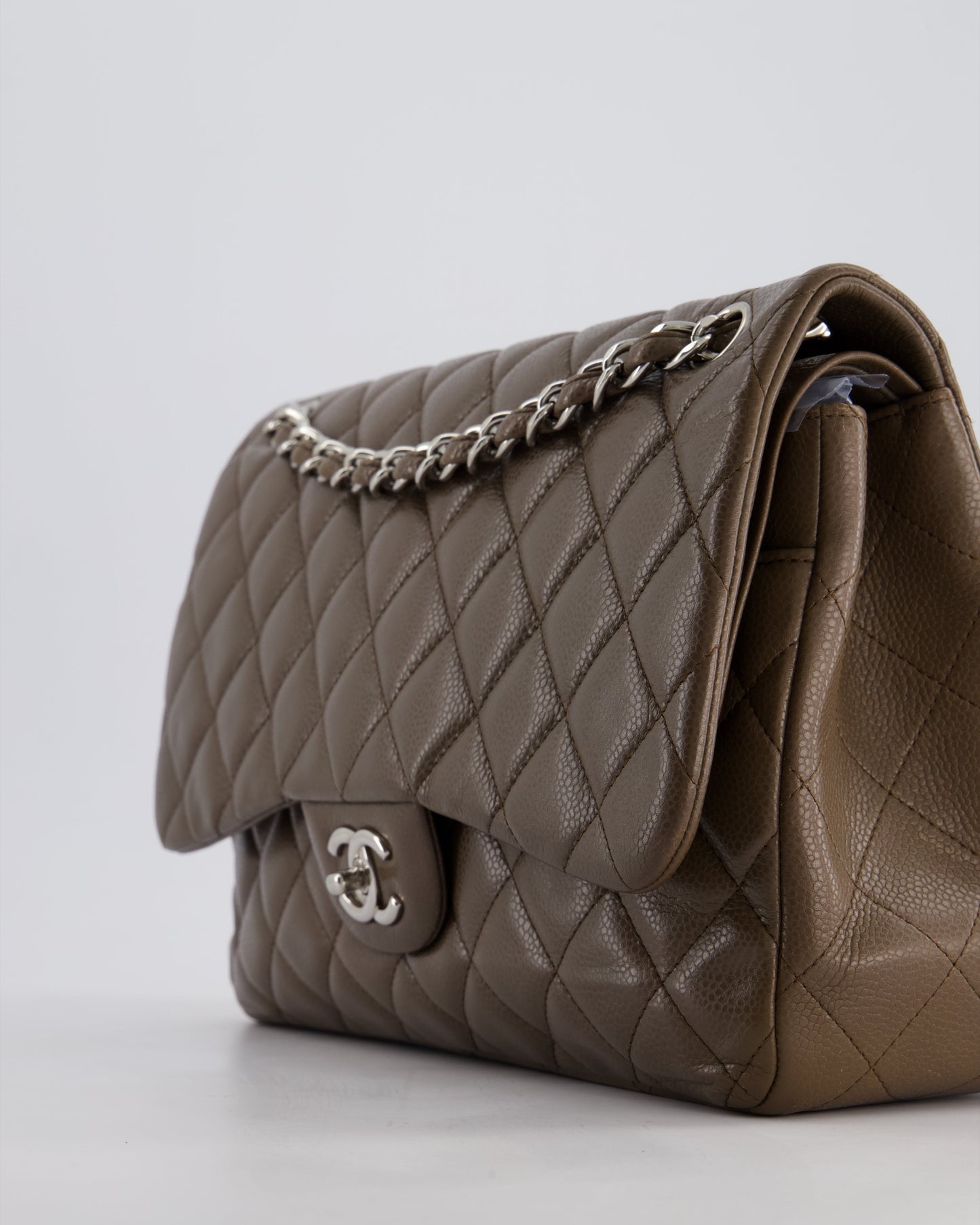 Chanel Khaki Brown Jumbo Classic Double Flap Bag in Caviar Leather with Silver Hardware
