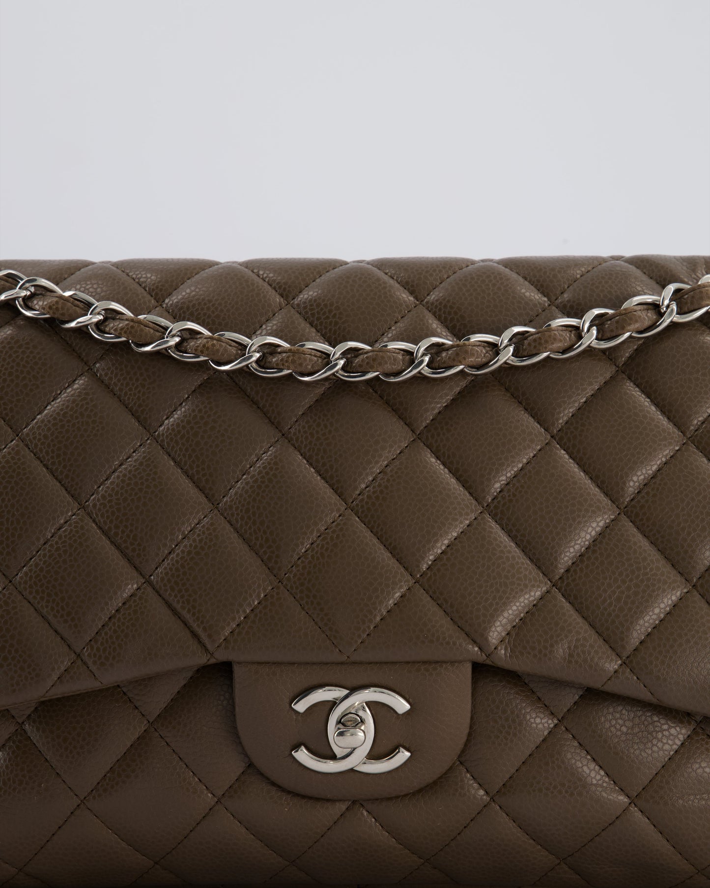 Chanel Khaki Brown Jumbo Classic Double Flap Bag in Caviar Leather with Silver Hardware