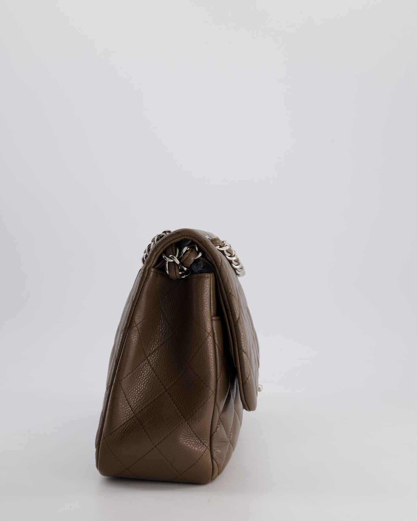 Chanel Khaki Brown Jumbo Classic Double Flap Bag in Caviar Leather with Silver Hardware