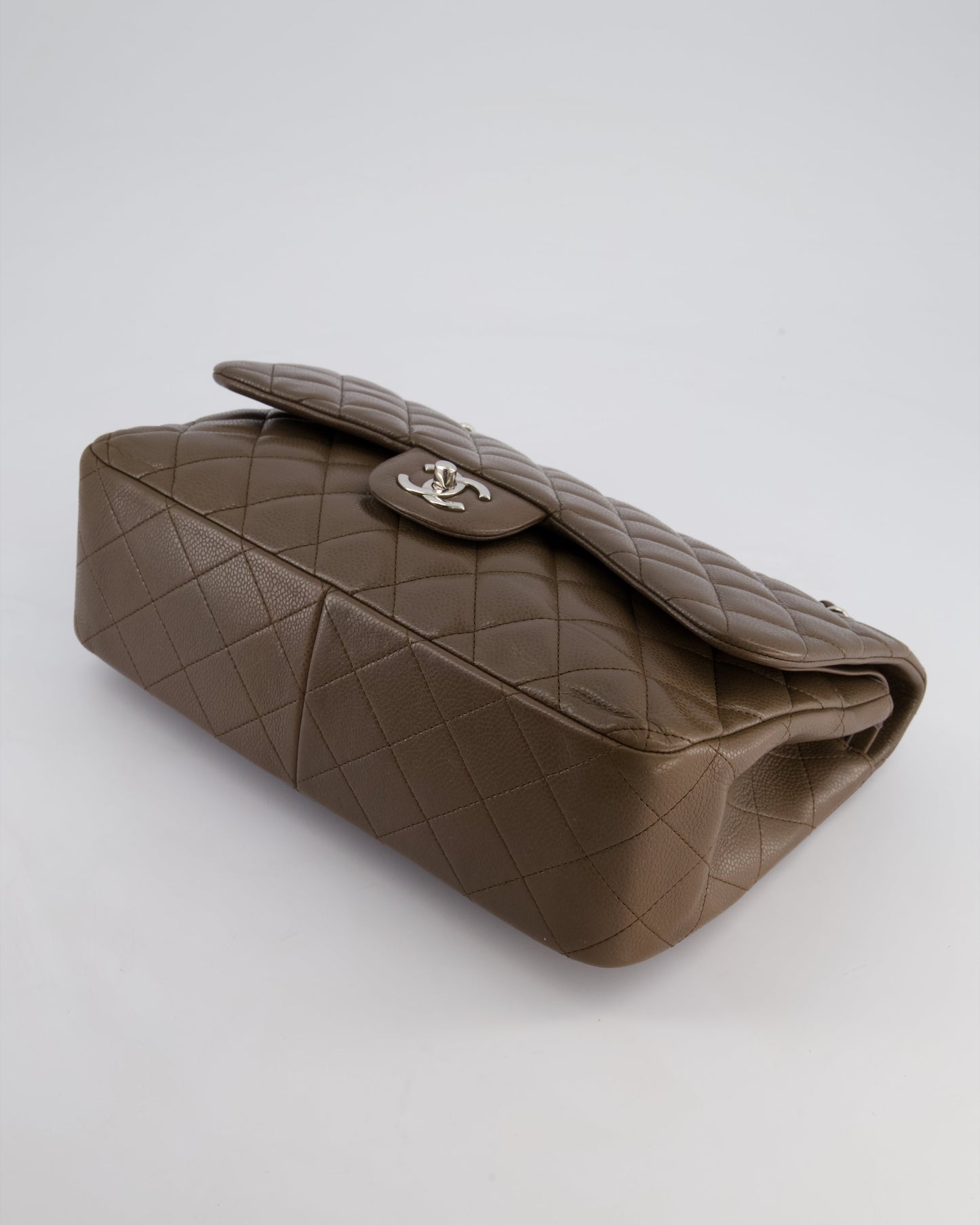 Chanel Khaki Brown Jumbo Classic Double Flap Bag in Caviar Leather with Silver Hardware