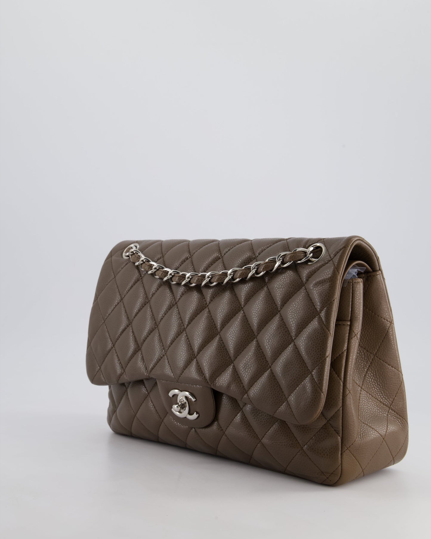 Chanel Khaki Brown Jumbo Classic Double Flap Bag in Caviar Leather with Silver Hardware