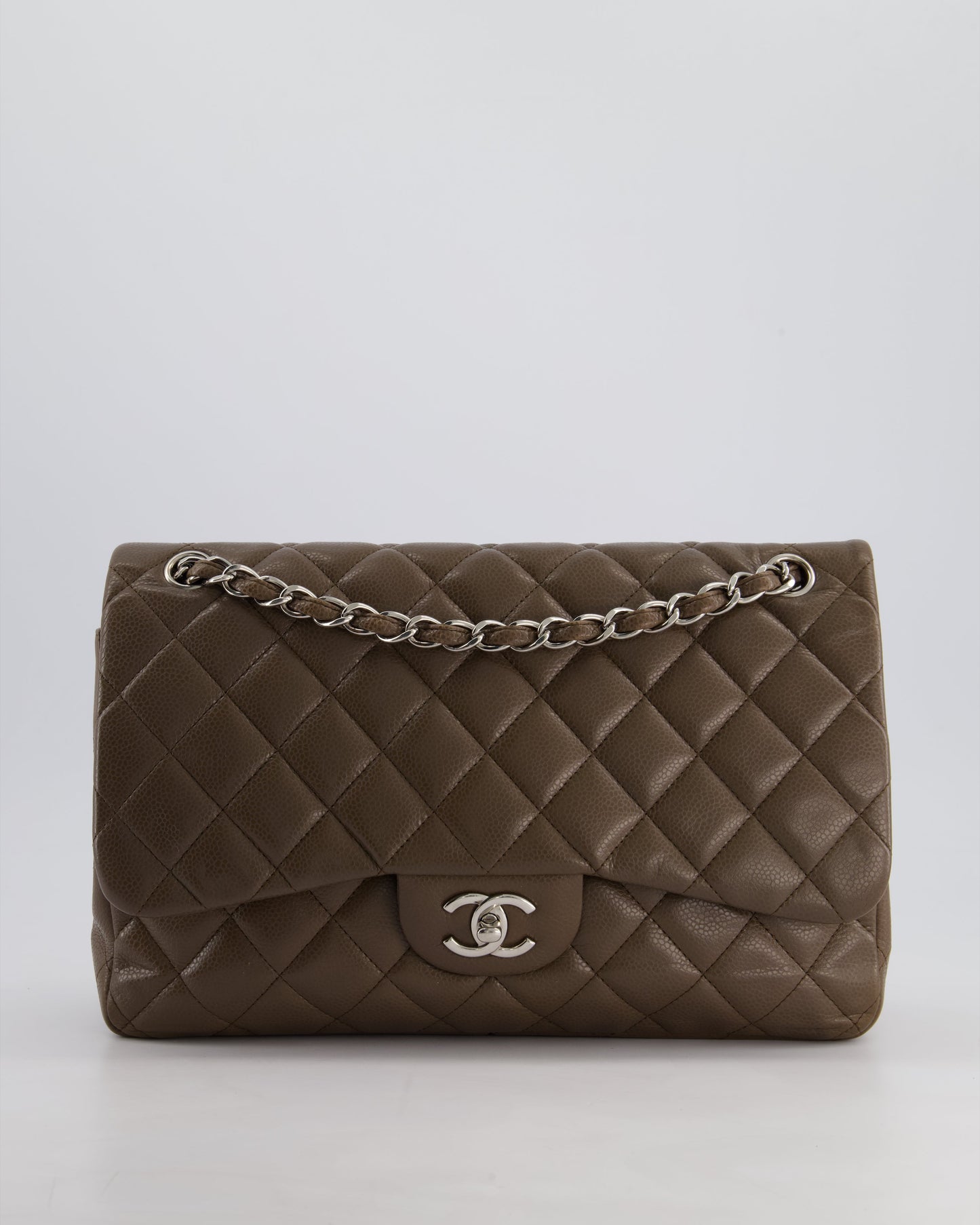 Chanel Khaki Brown Jumbo Classic Double Flap Bag in Caviar Leather with Silver Hardware
