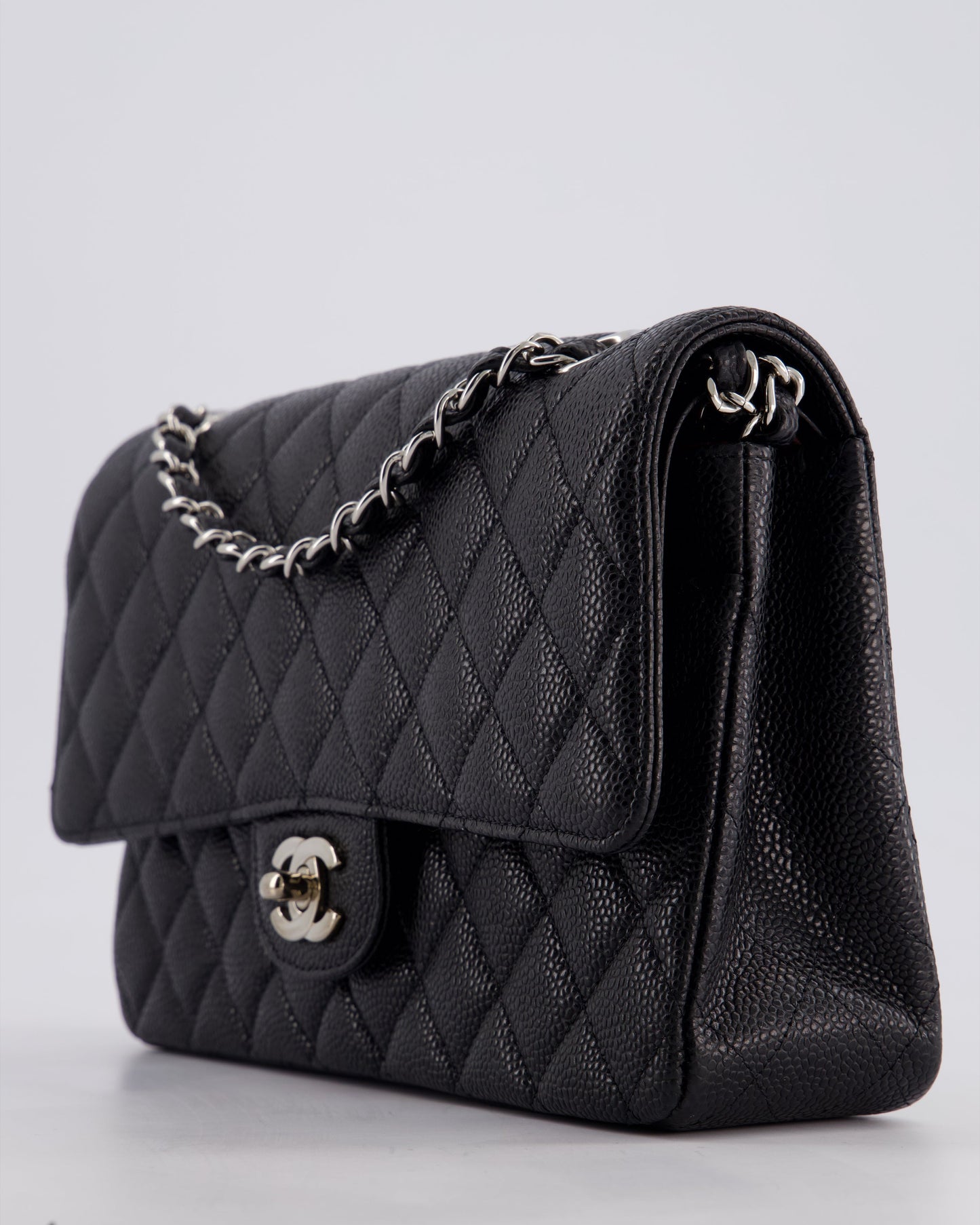 Chanel Medium Black Classic Double Flap Bag in Caviar Leather with Silver Hardware