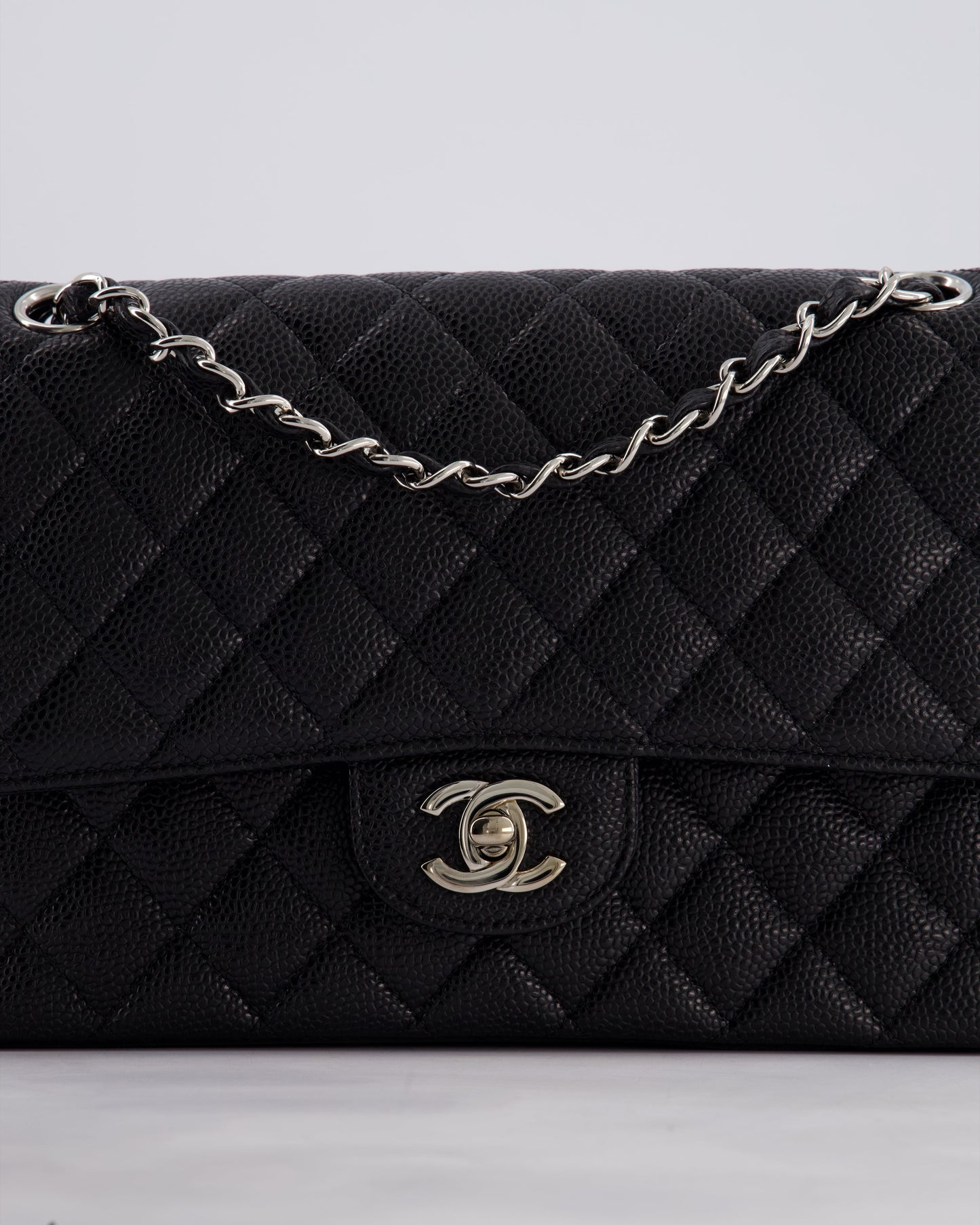 Chanel Medium Black Classic Double Flap Bag in Caviar Leather with Silver Hardware