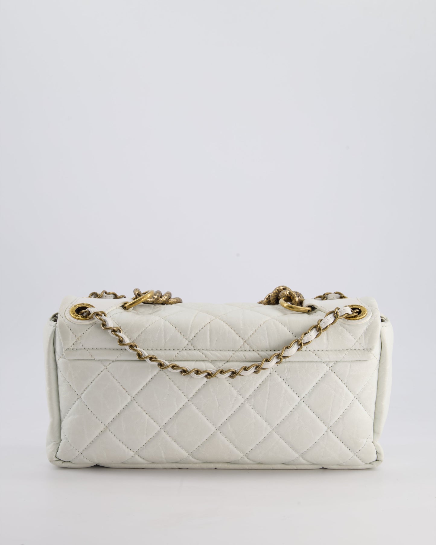 Chanel White Single Flap Bag Aged Calfskin Leather with Antique Gold Hardware