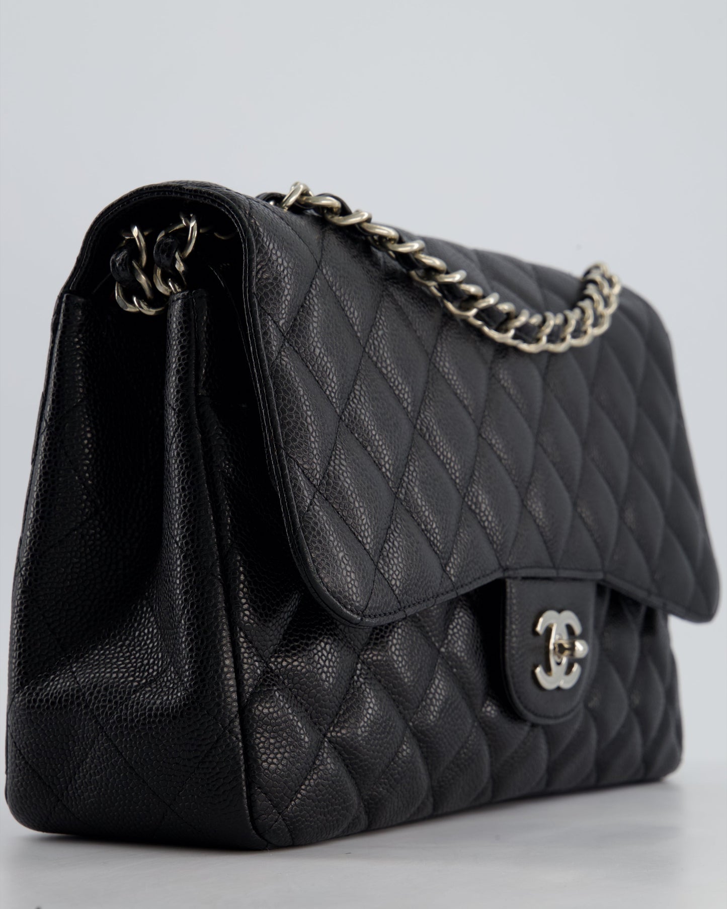 Chanel Black Jumbo Classic Double Flap Bag in Caviar Leather with Silver Hardware
