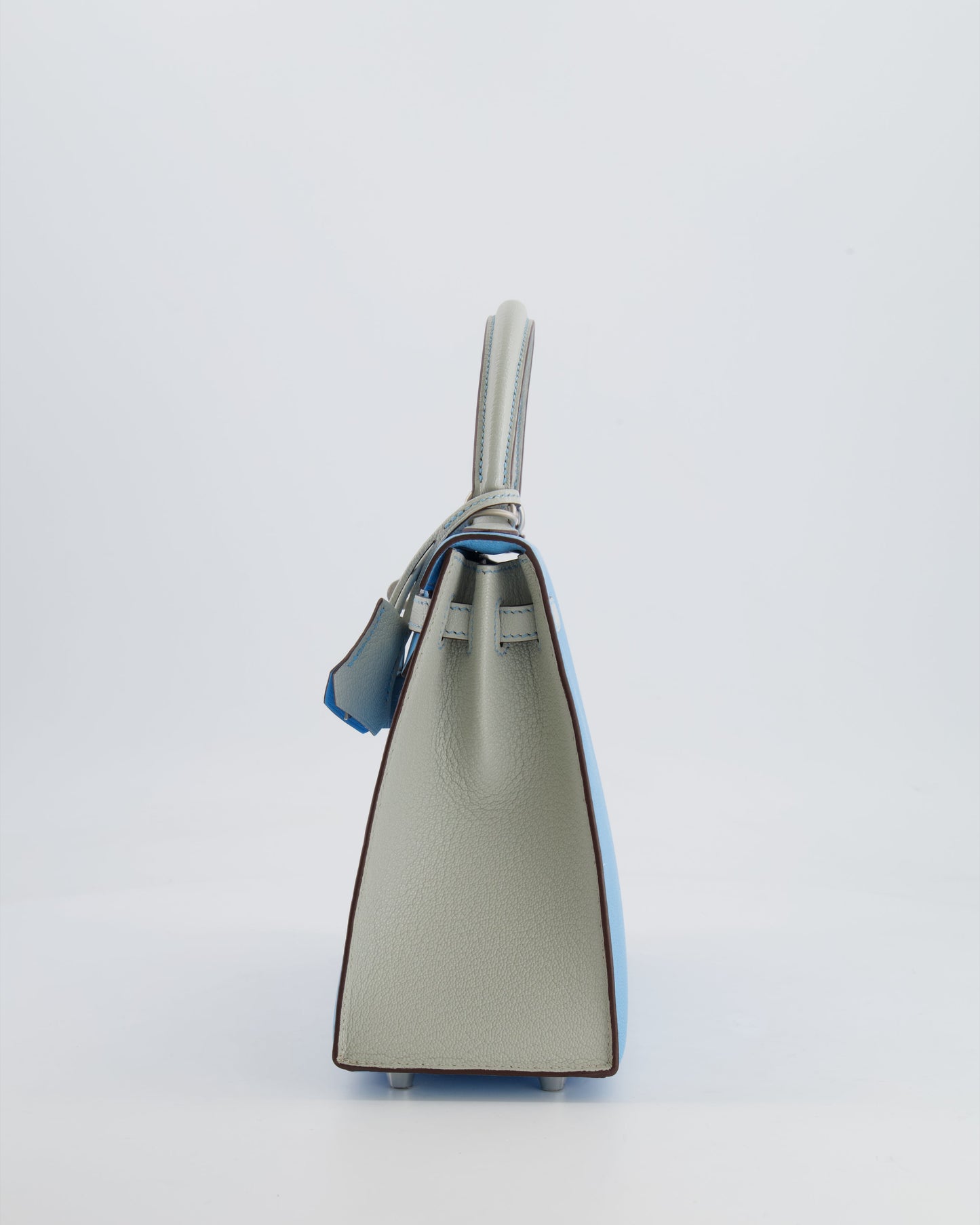 *VERY RARE* Hermès Kelly Sellier HSS 25cm Bag in Bleu Celeste and Gris Perle Chèvre Leather with Contrast Stitching and Brushed Palladium Hardware