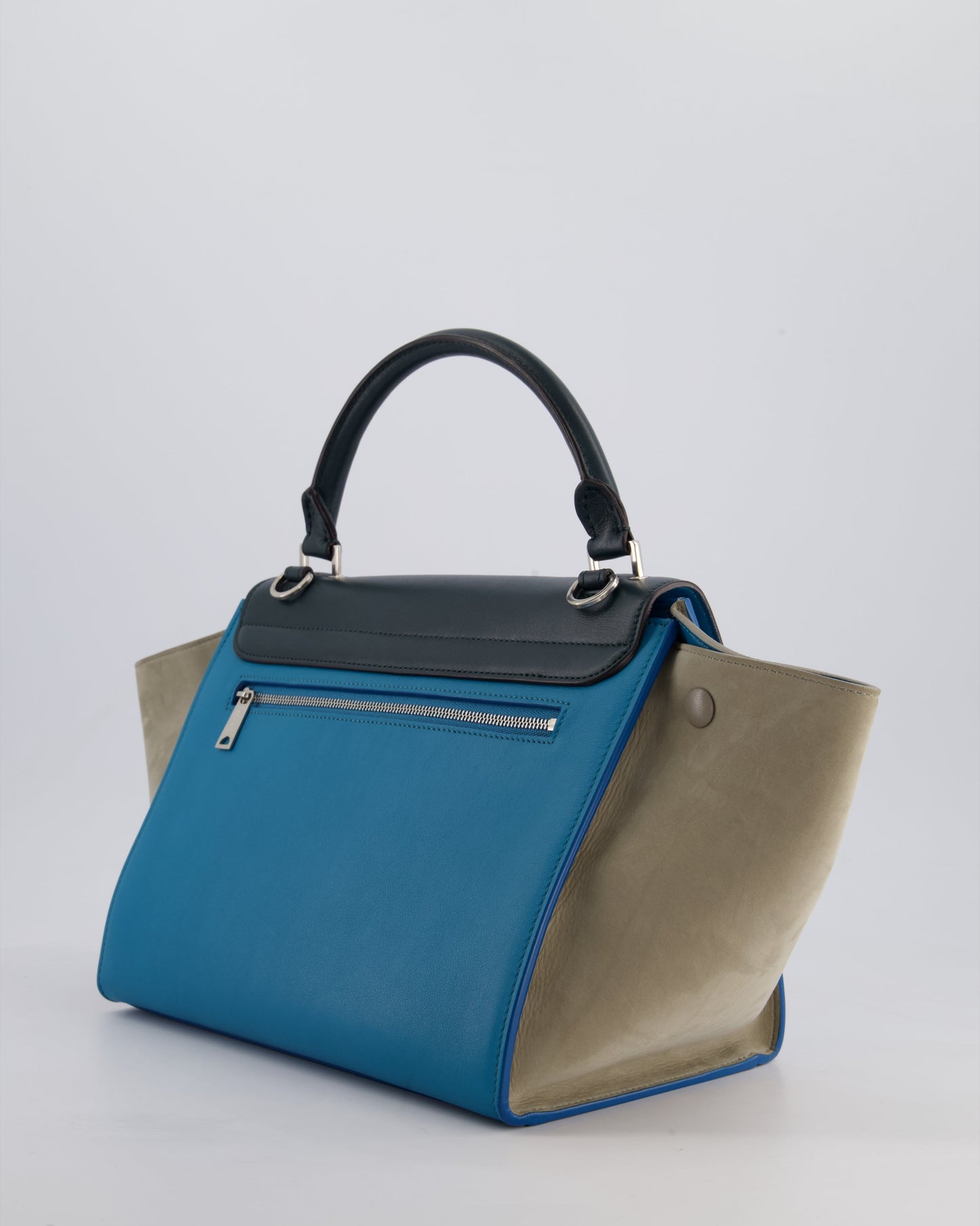 Celine Green, Blue Calfskin & Grey Suede Medium Trapeze Bag with Silver Hardware