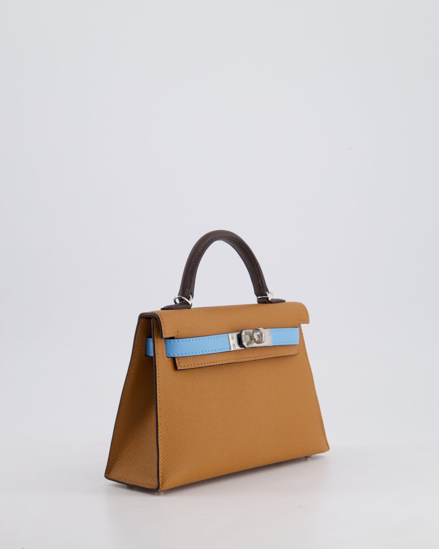 *RARE* Hermès Mini Kelly II Tricolour 20cm Bag In Gold, Ebene and Bleu Celeste Epsom Leather with Palladium Hardware