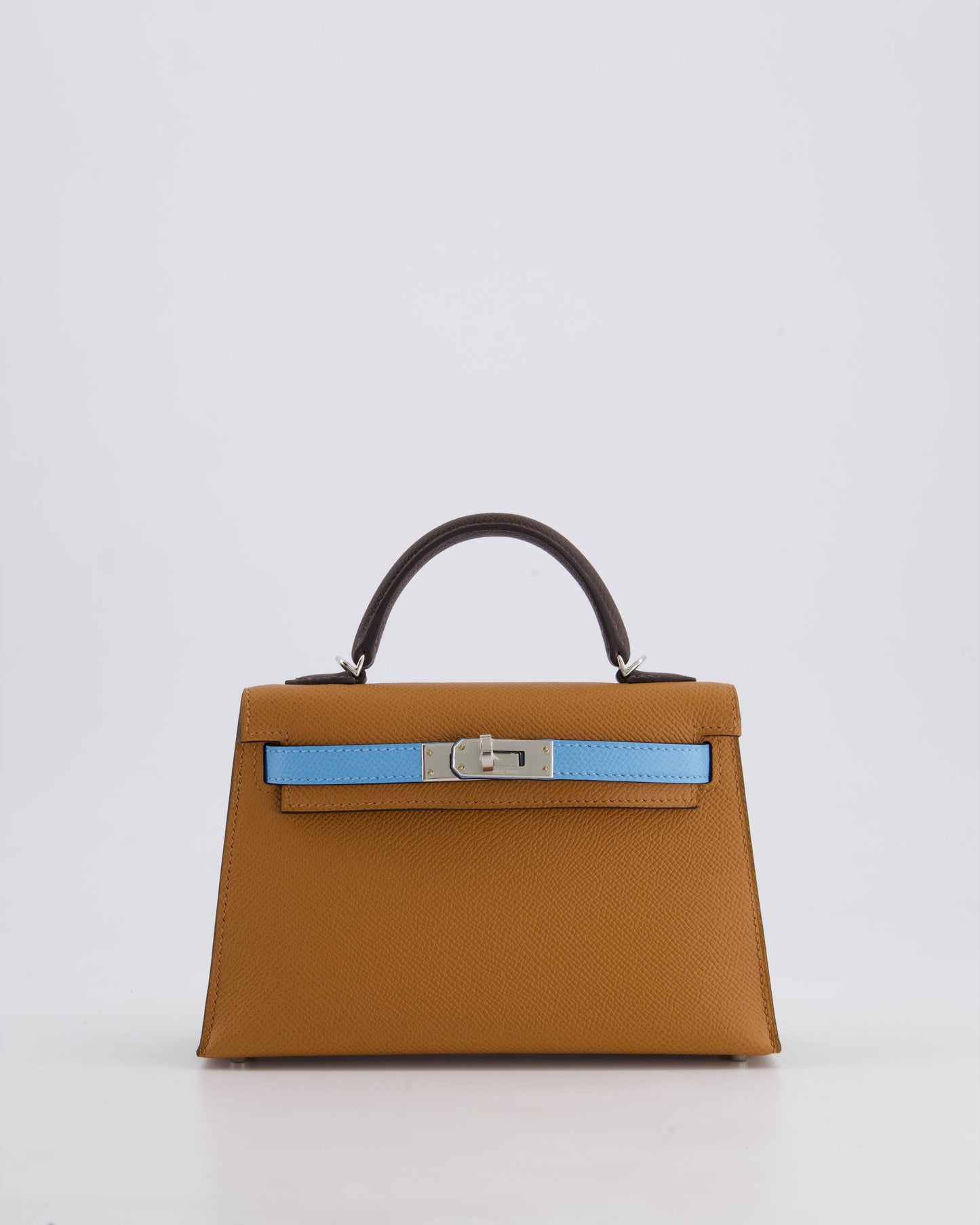 *RARE* Hermès Mini Kelly II Tricolour 20cm Bag In Gold, Ebene and Bleu Celeste Epsom Leather with Palladium Hardware