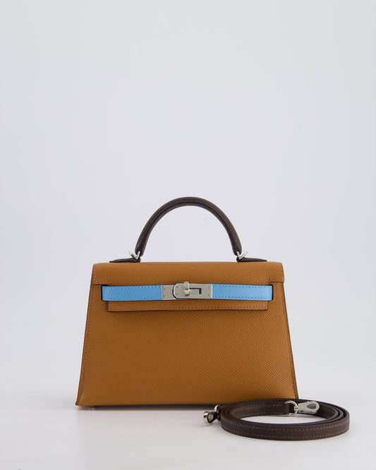*RARE* Hermès Mini Kelly II Tricolour 20cm Bag In Gold, Ebene and Bleu Celeste Epsom Leather with Palladium Hardware