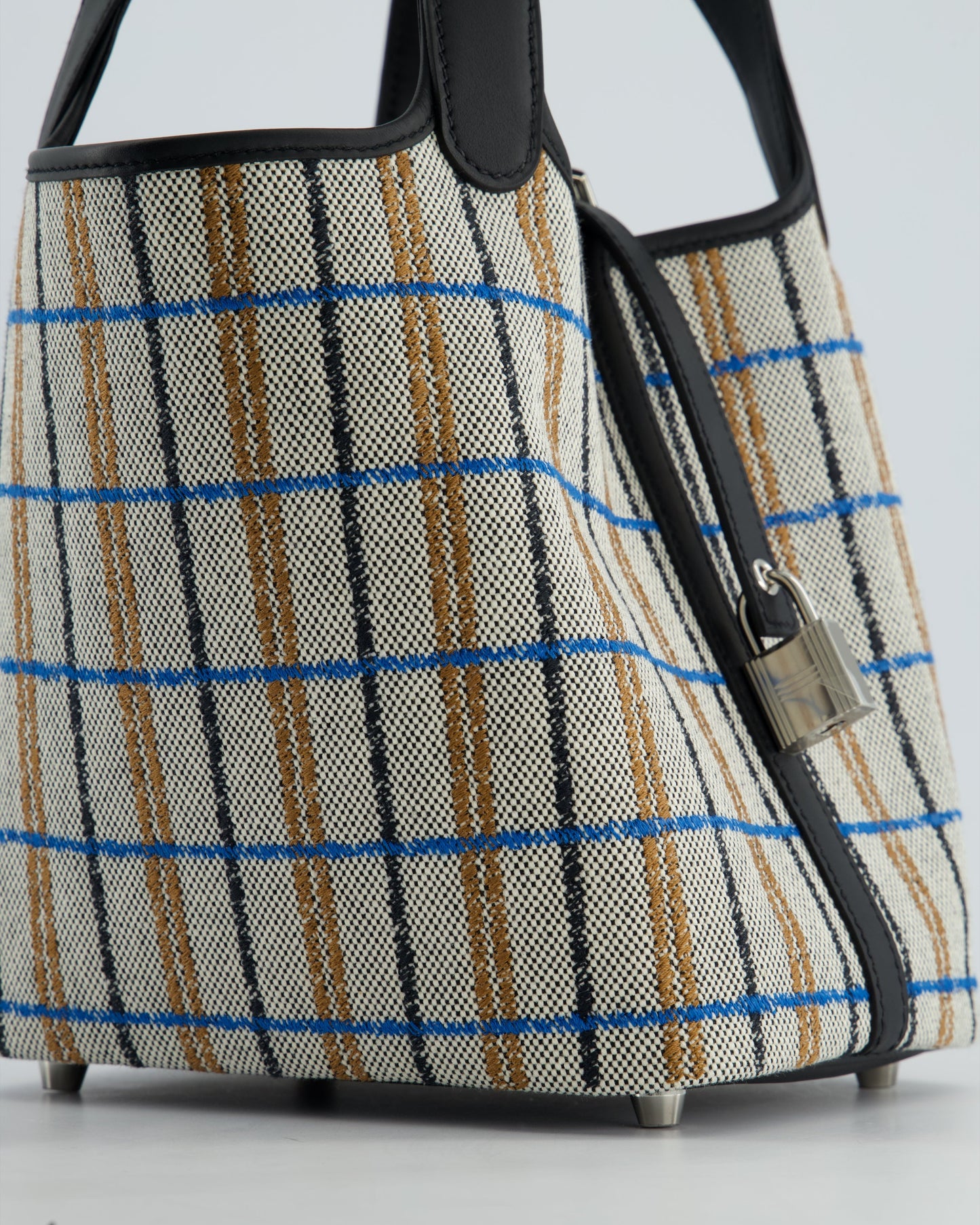 Hermes Picotin 18cm Broderie Couverture in Ecru, Noir, Fauve, Bleu Zanzibar Toile Canvas & Noir Swift Leather with Palladium Hardware