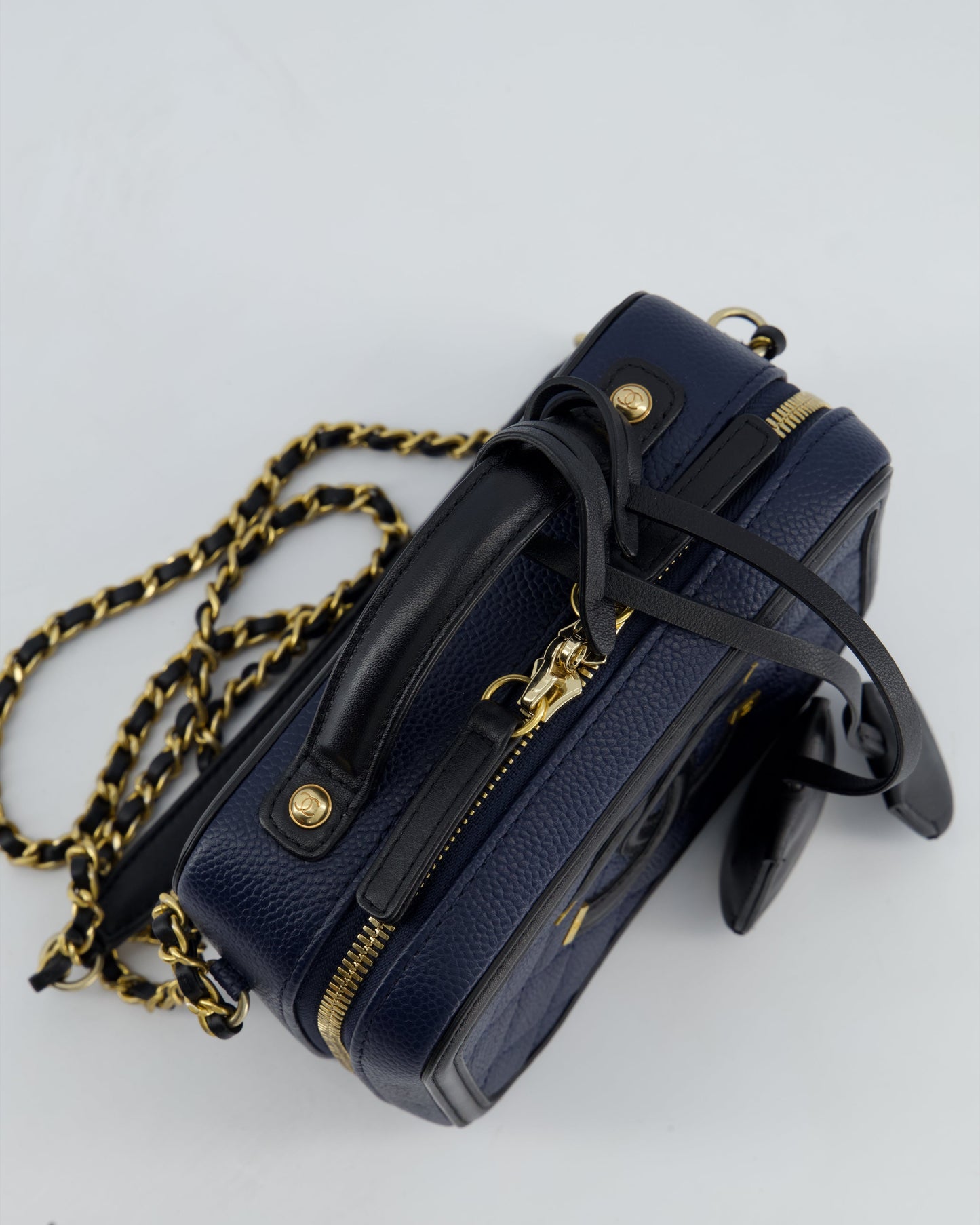 *HOT* Chanel Navy & Black Small Vanity Case Bag in Caviar Leather with Brushed Gold Hardware