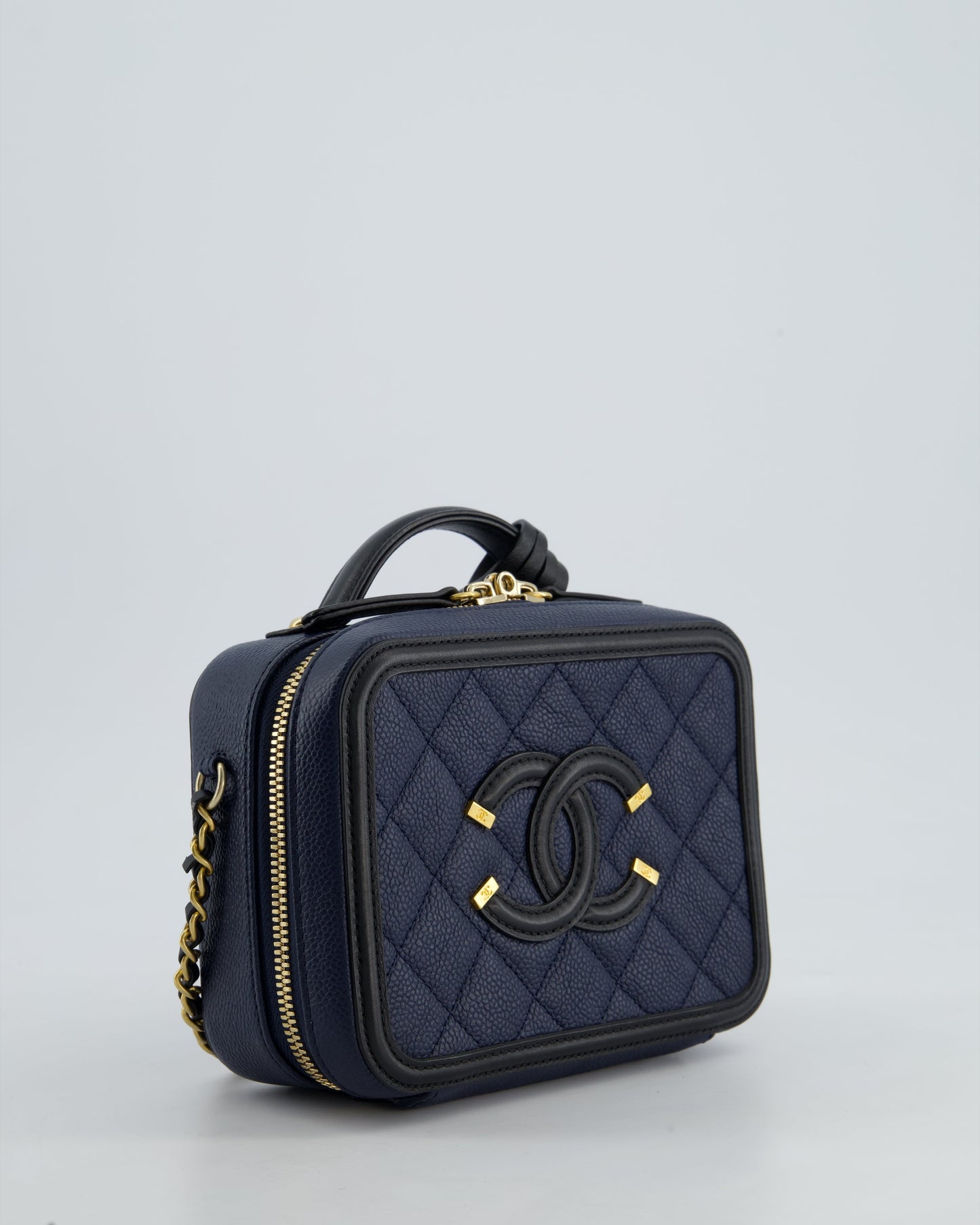 *HOT* Chanel Navy & Black Small Vanity Case Bag in Caviar Leather with Brushed Gold Hardware