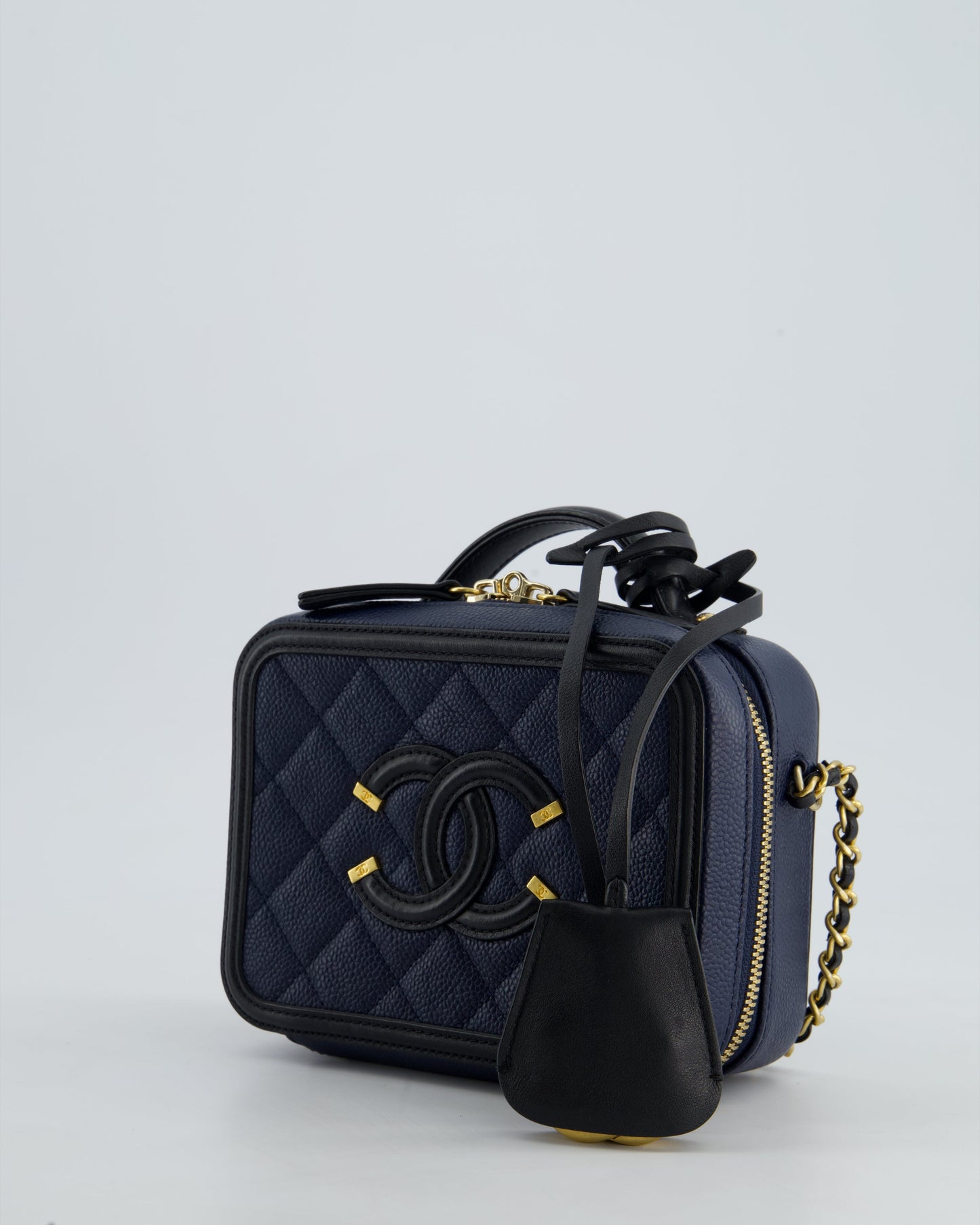 *HOT* Chanel Navy & Black Small Vanity Case Bag in Caviar Leather with Brushed Gold Hardware