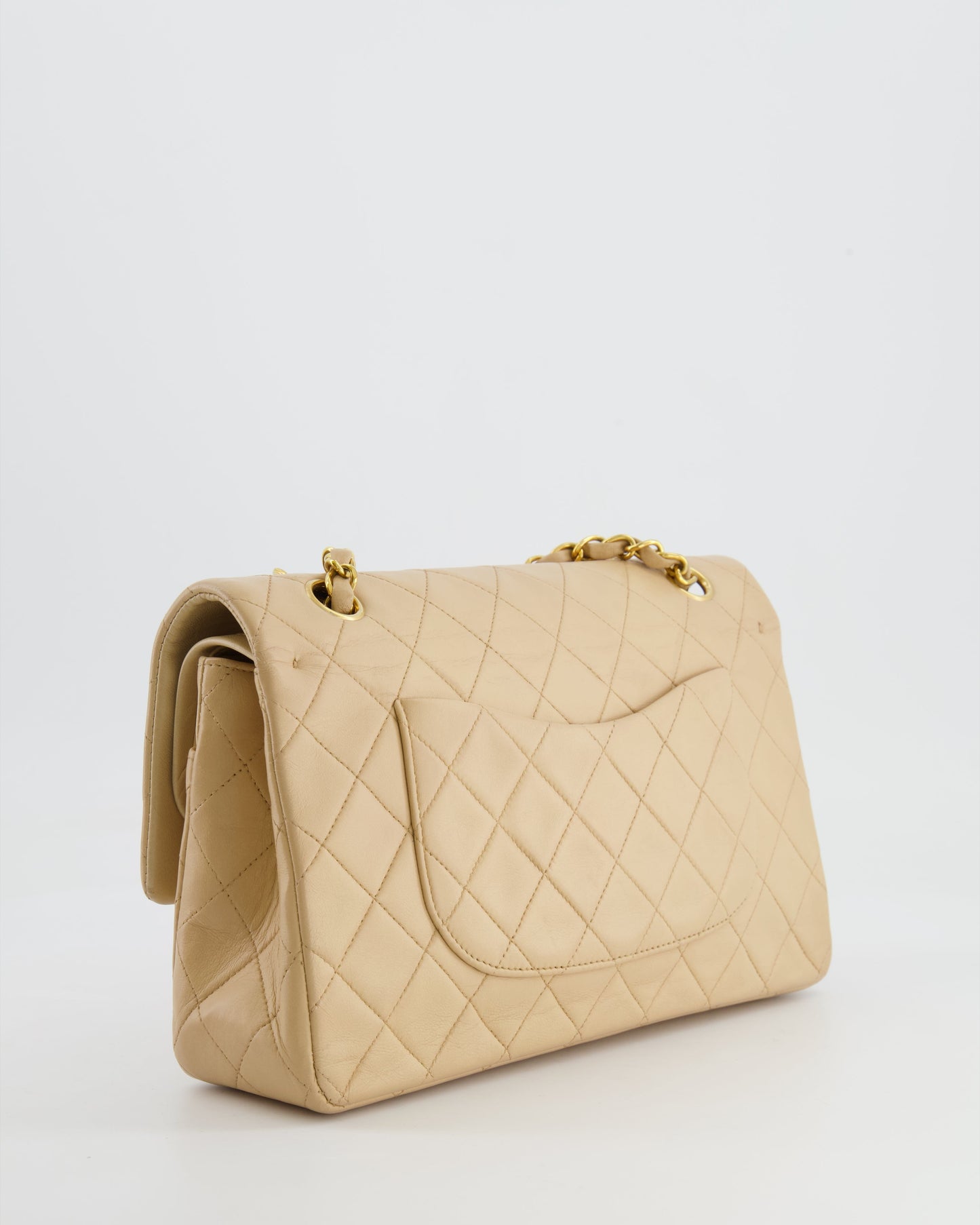 Chanel Vintage Beige Classic Medium Double Flap Bag in Lambskin Leather with 24k Gold Hardware
