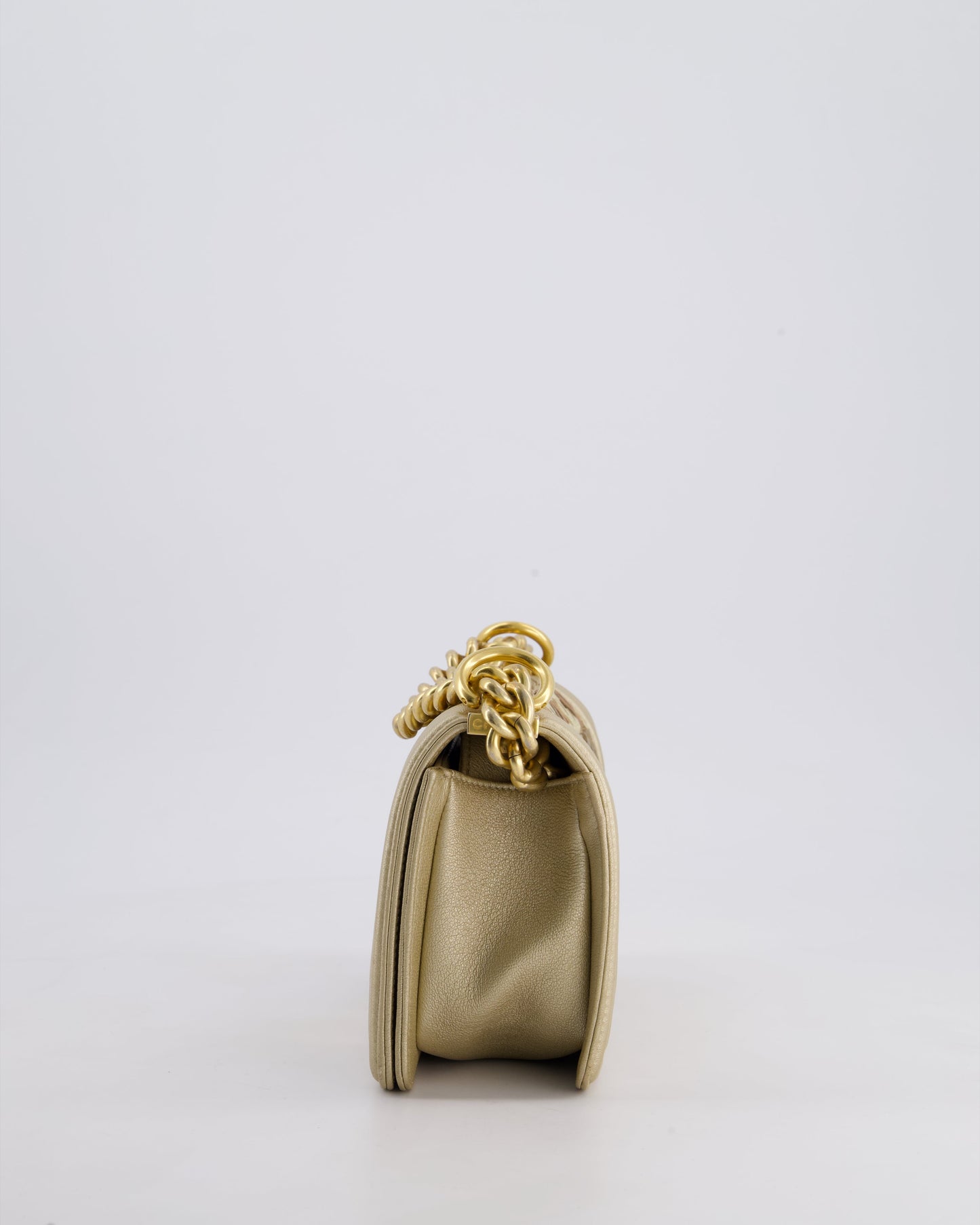 *LIMITED EDITION* Chanel Gold Metallic Small Boy Bag In Calfskin Leather with Antique Gold Hardware & CC Details