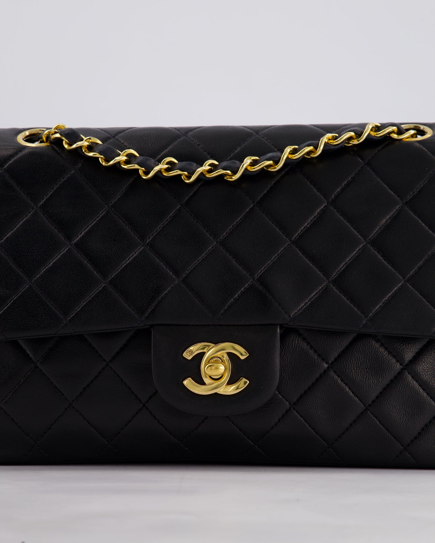 Chanel Vintage Black Classic Medium Double Flap Bag in Lambskin Leather with 24k Gold Hardware