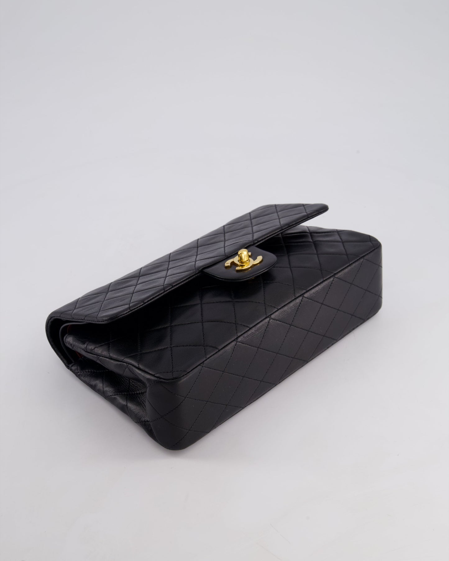 Chanel Vintage Black Classic Medium Double Flap Bag in Lambskin Leather with 24k Gold Hardware