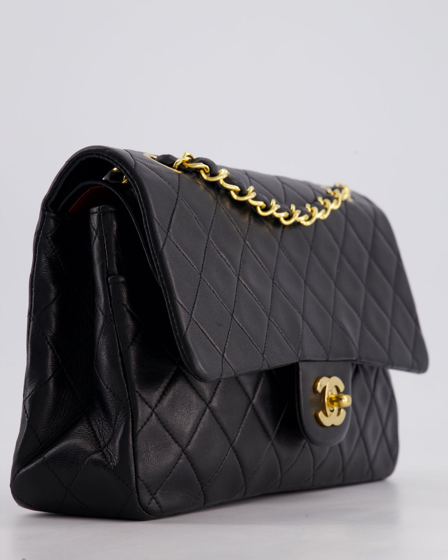 Chanel Vintage Black Classic Medium Double Flap Bag in Lambskin Leather with 24k Gold Hardware