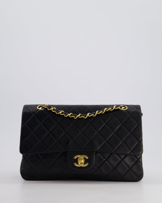 Chanel Vintage Black Classic Medium Double Flap Bag in Lambskin Leather with 24k Gold Hardware