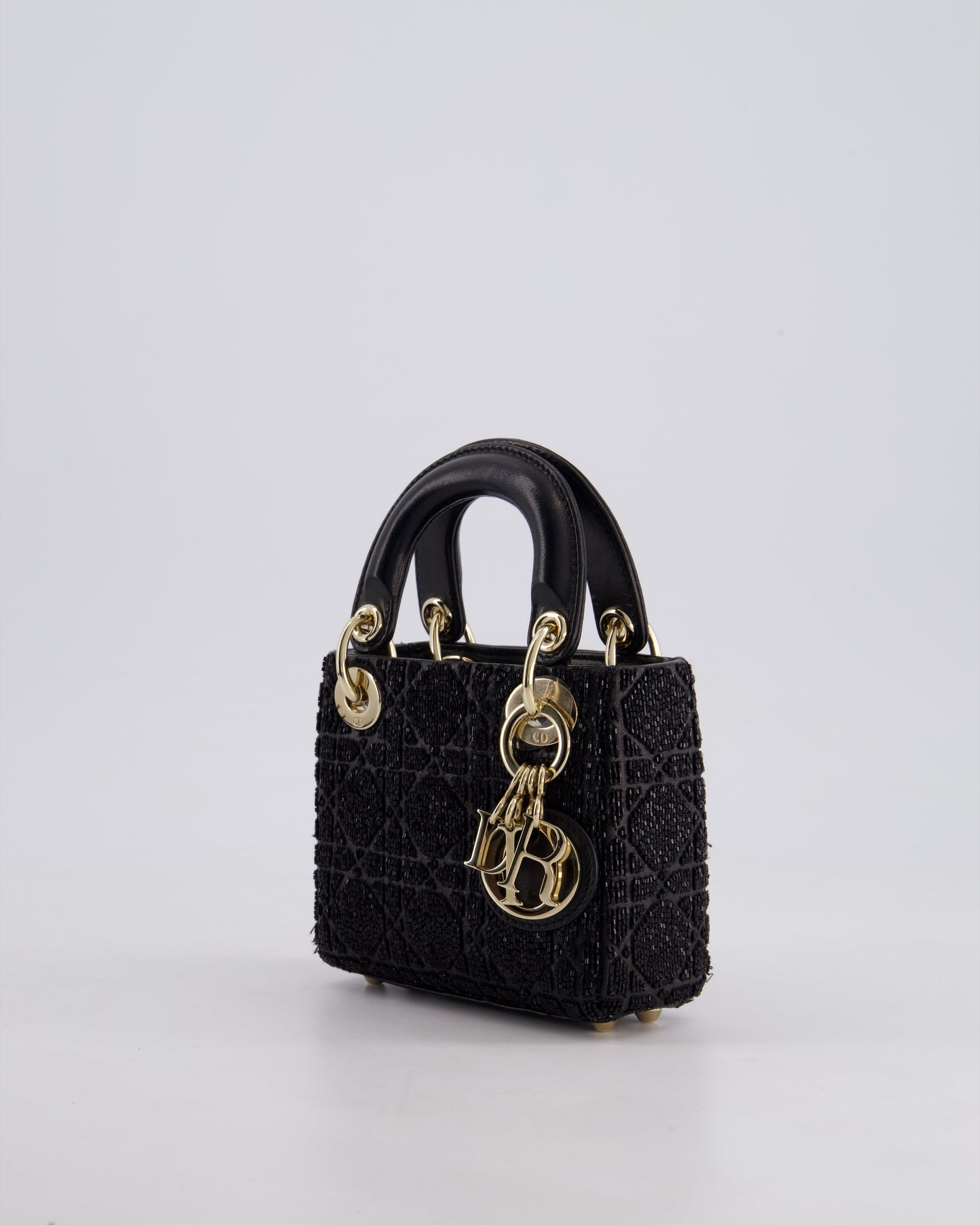 Christian Dior Black Micro Lady Dior Bag In Black Lambskin Leather & Sequins with Champagne Gold Hardware