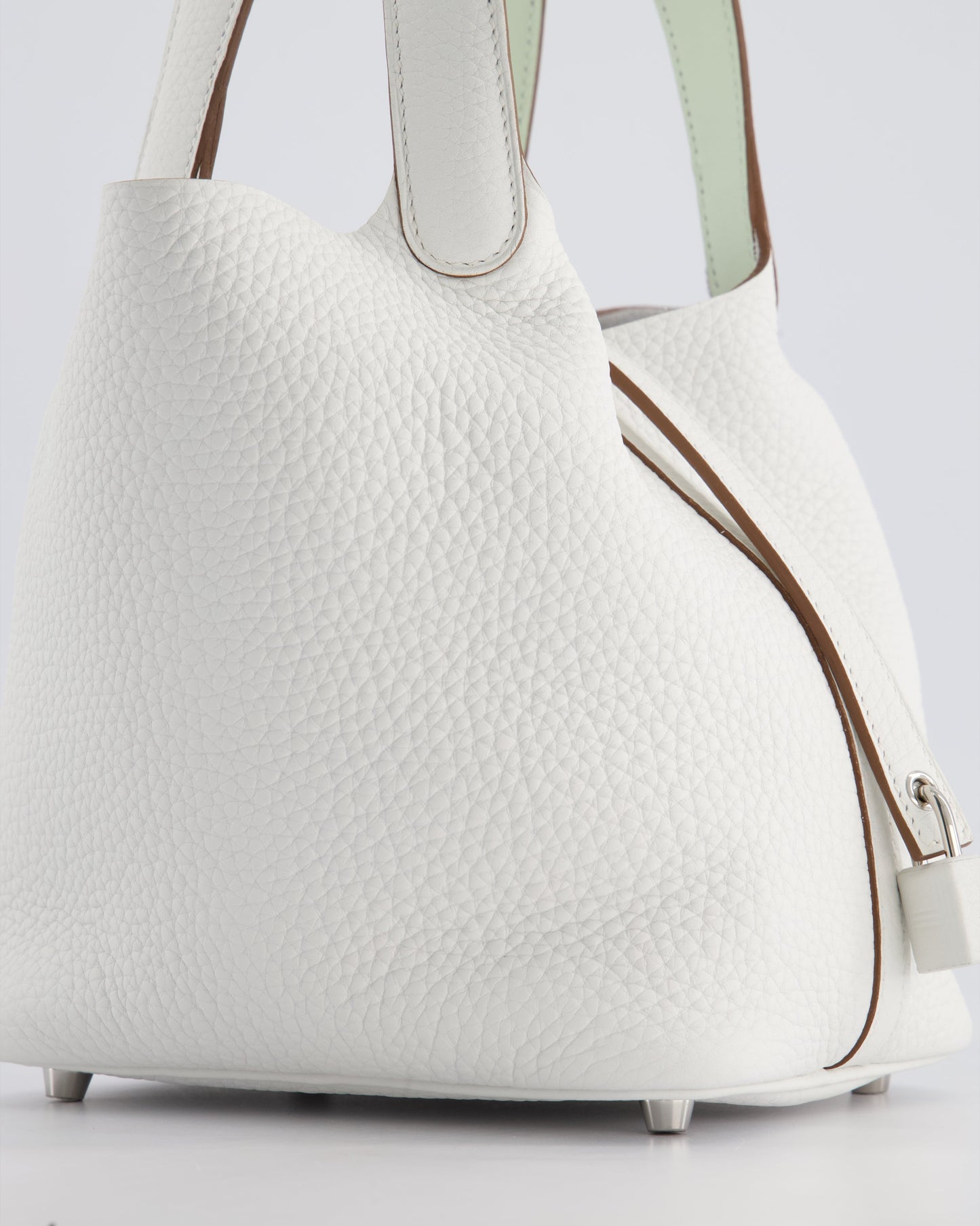 Hermès Picotin Lock Bag 18cm in New White Clemence Leather with Vert Fizz Interior Handles and Palladium Hardware