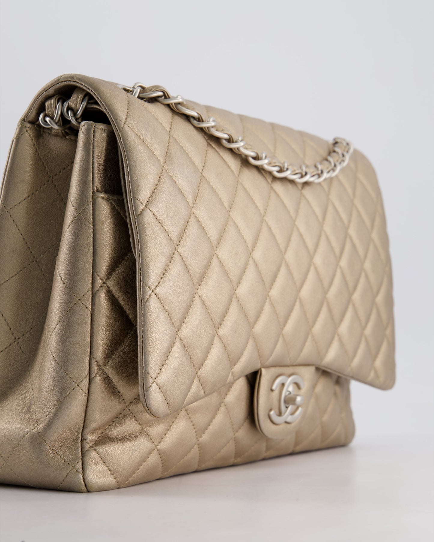 Chanel Metallic Gold Maxi Classic Double Flap Bag in Calfskin Leather with Brushed Silver Hardware