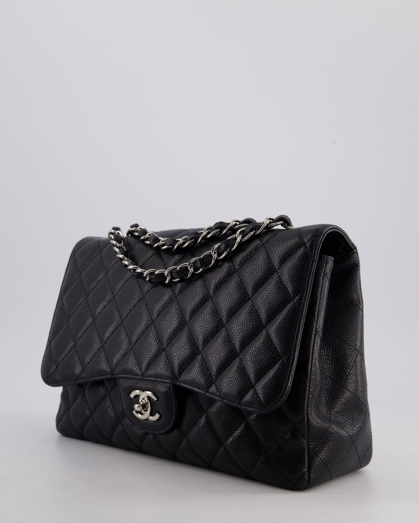 Chanel Black Jumbo Classic Single Flap Bag in Caviar Leather with Silver Hardware