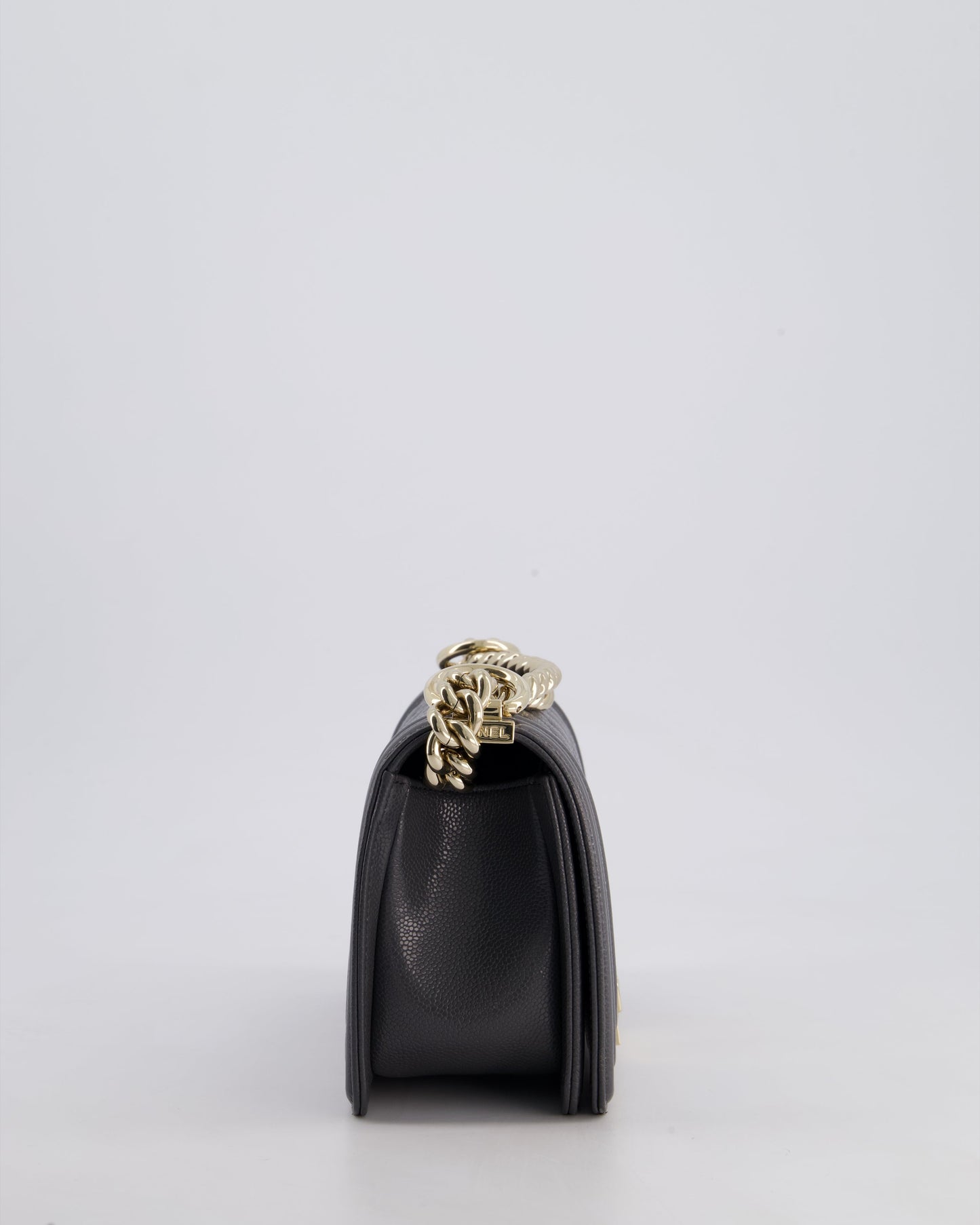 *HOT* Chanel Stone Grey Small Boy Bag in Caviar Leather with Champagne Gold Hardware