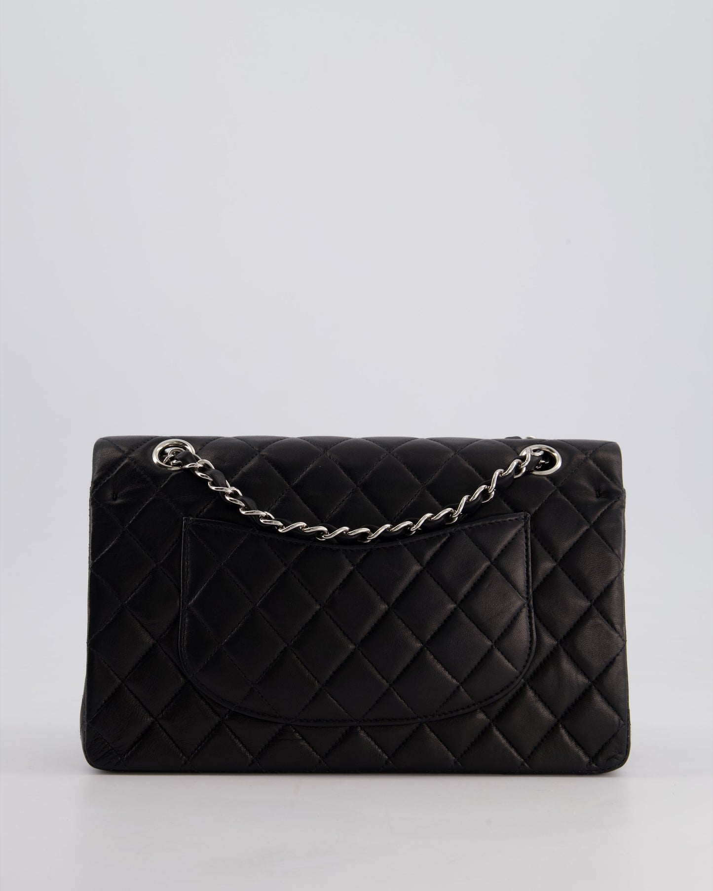 Chanel Black Medium Classic Double Flap Bag in Lambskin Leather with Silver Hardware