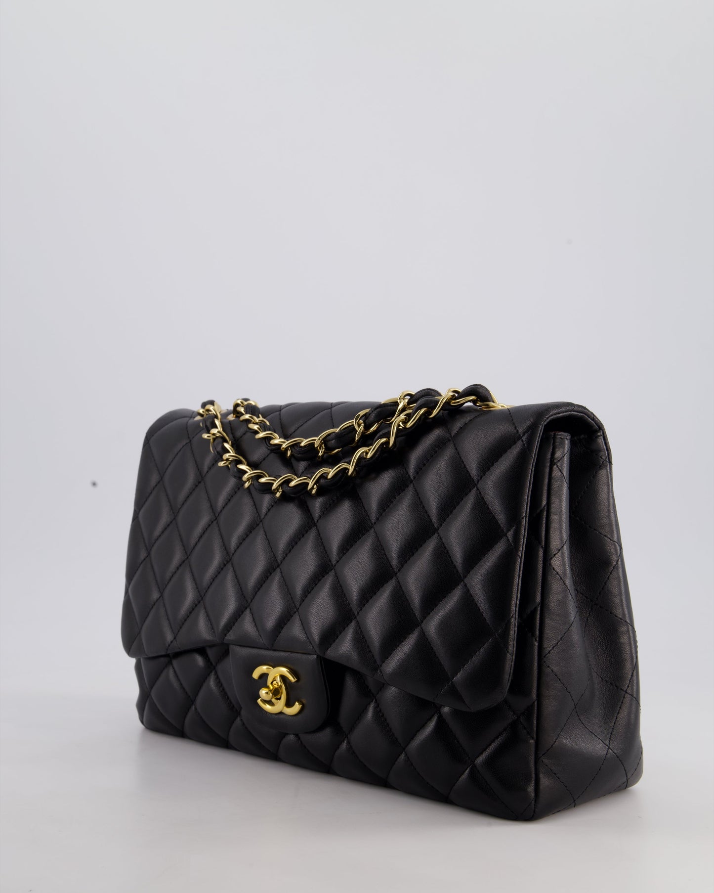 Chanel Black Jumbo Classic Single Flap Bag in Lambskin Leather with Gold Hardware