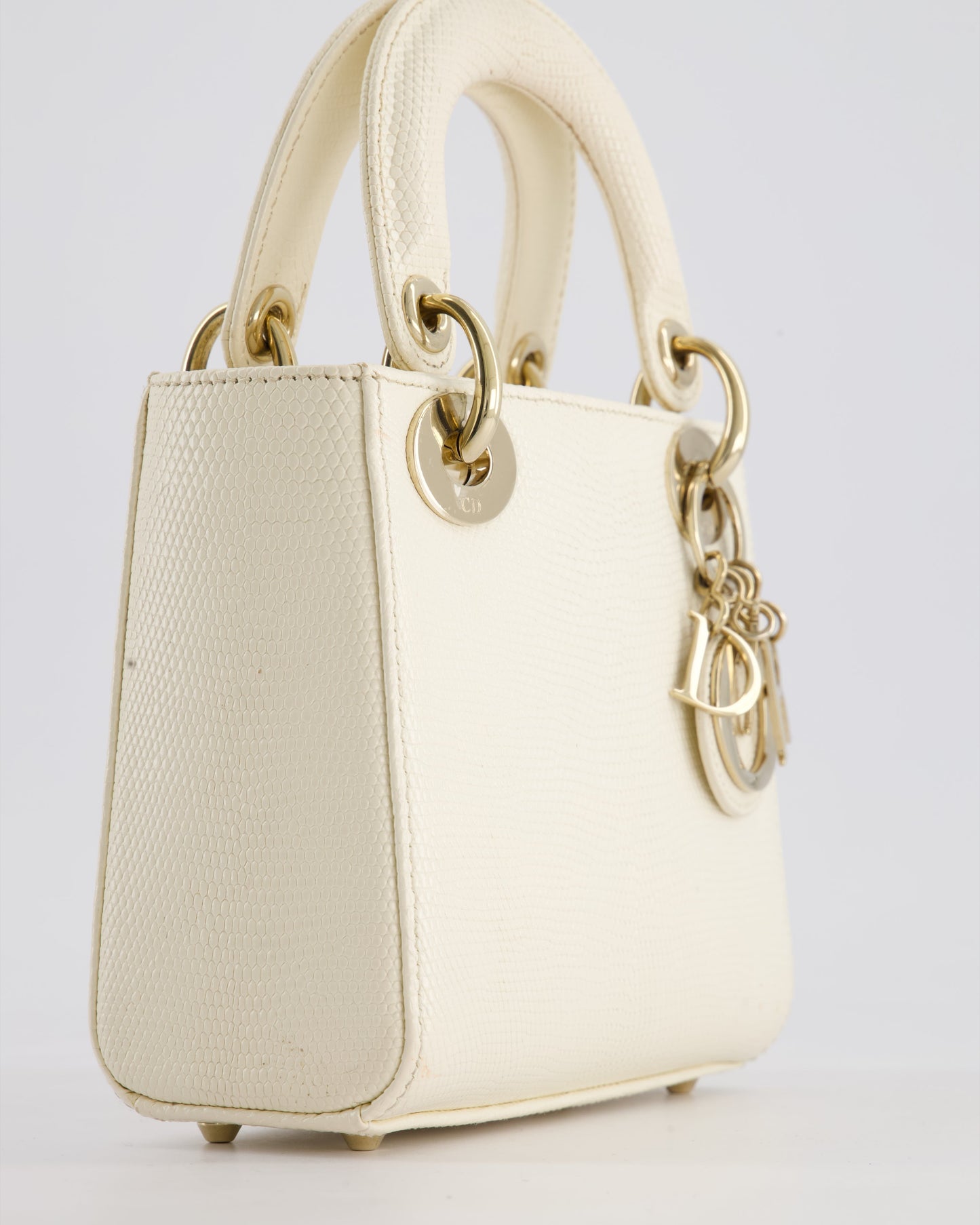 Christian Dior White Lizard Mini Lady Dior Bag with Gold Hardware