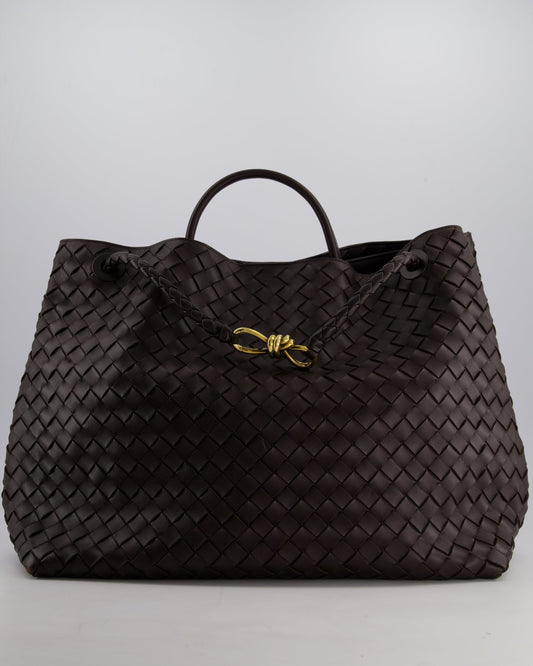 Bottega Veneta Brown Andiamo Large Intrecciato Leather Top Handle Bag with Sliding Cross-Body and Gold Knot Hardware RRP £6,090