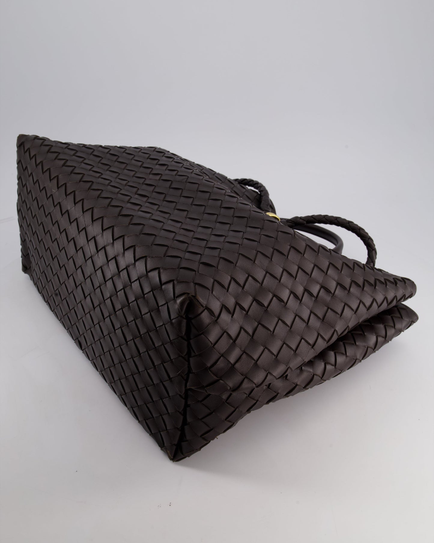 Bottega Veneta Brown Andiamo Large Intrecciato Leather Top Handle Bag with Sliding Cross-Body and Gold Knot Hardware RRP £6,090