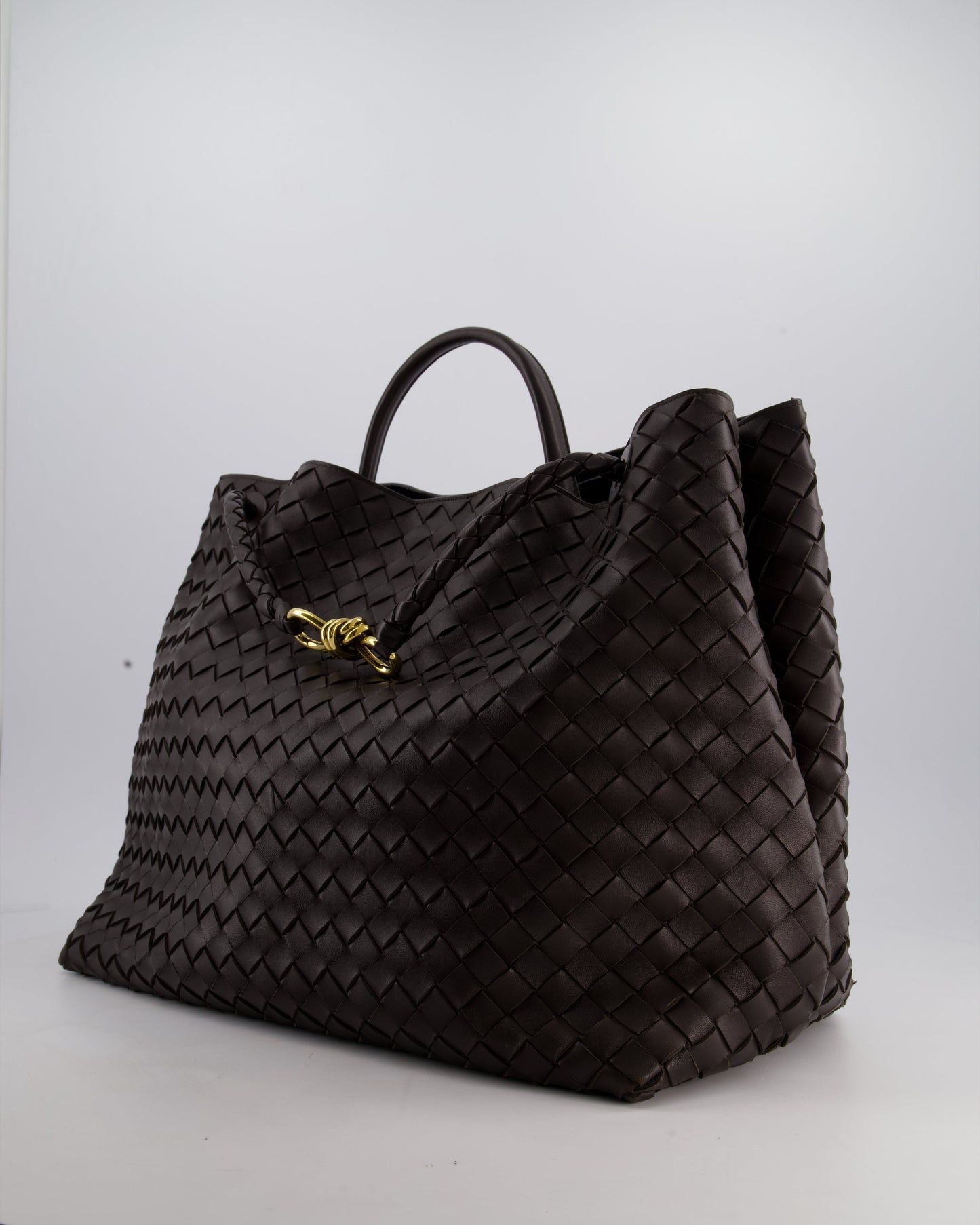 Bottega Veneta Brown Andiamo Large Intrecciato Leather Top Handle Bag with Sliding Cross-Body and Gold Knot Hardware RRP £6,090