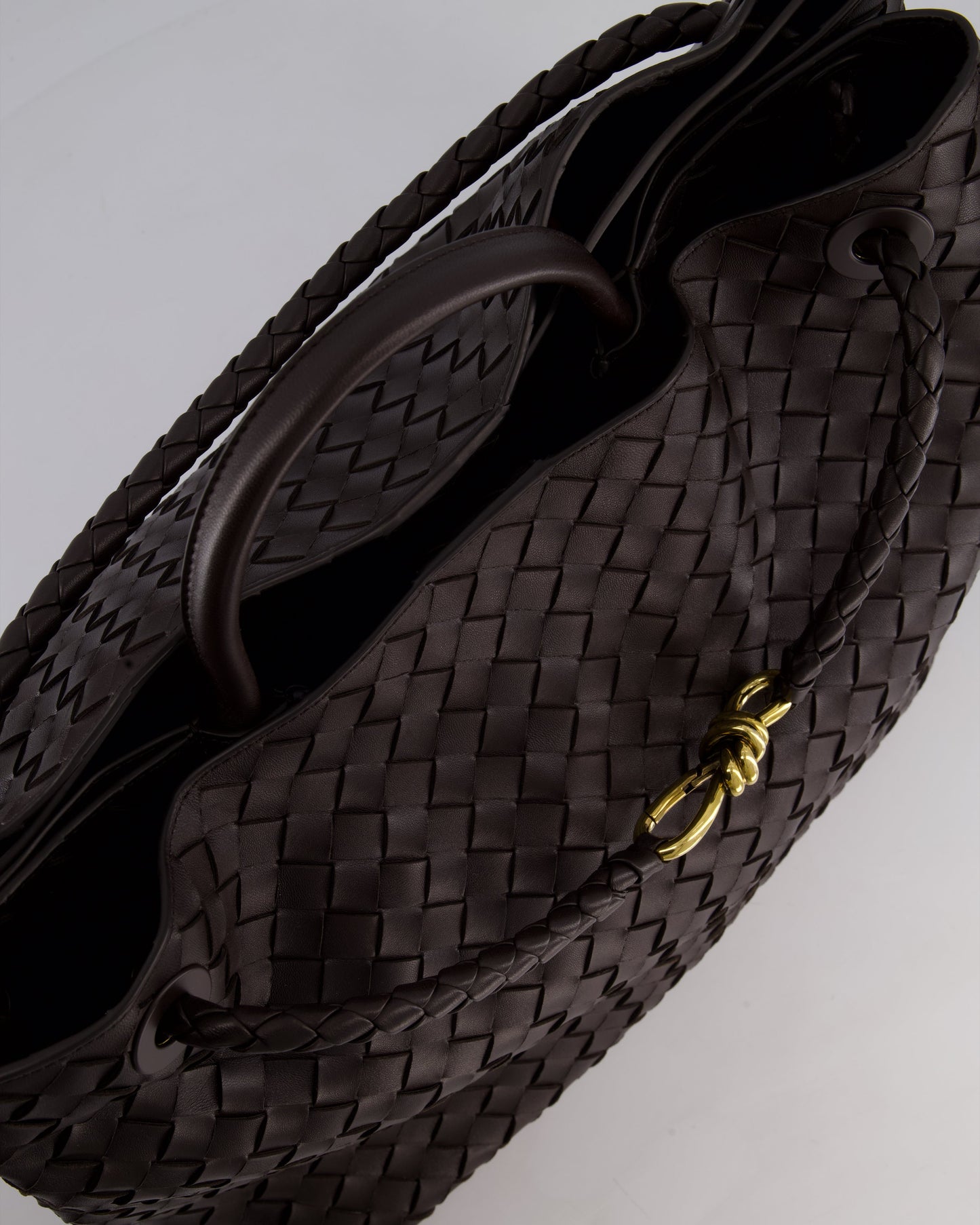 Bottega Veneta Brown Andiamo Large Intrecciato Leather Top Handle Bag with Sliding Cross-Body and Gold Knot Hardware RRP £6,090