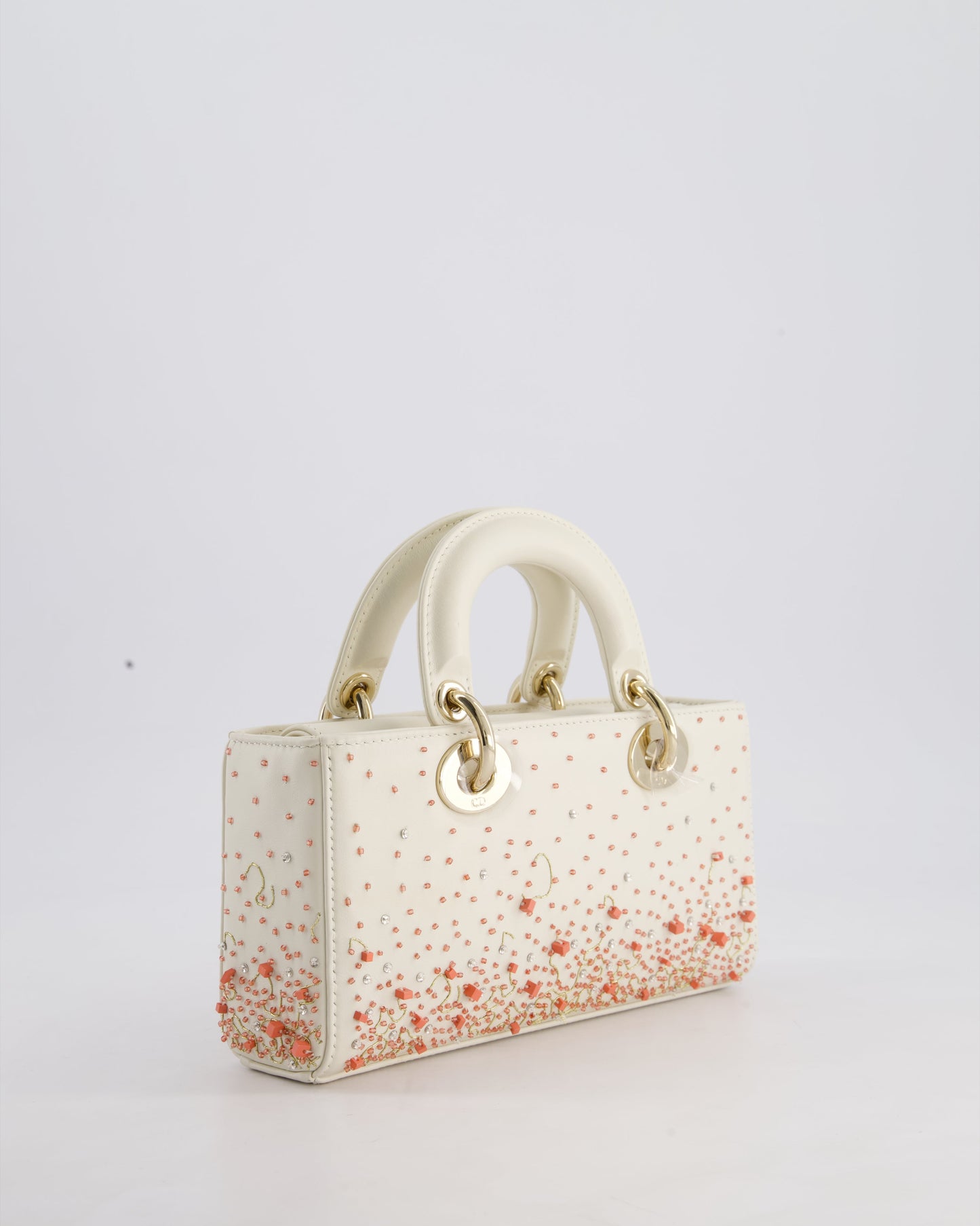 Christian Dior White Coral Embroidery Gradient Lady D-Joy Bag with Gold Hardware