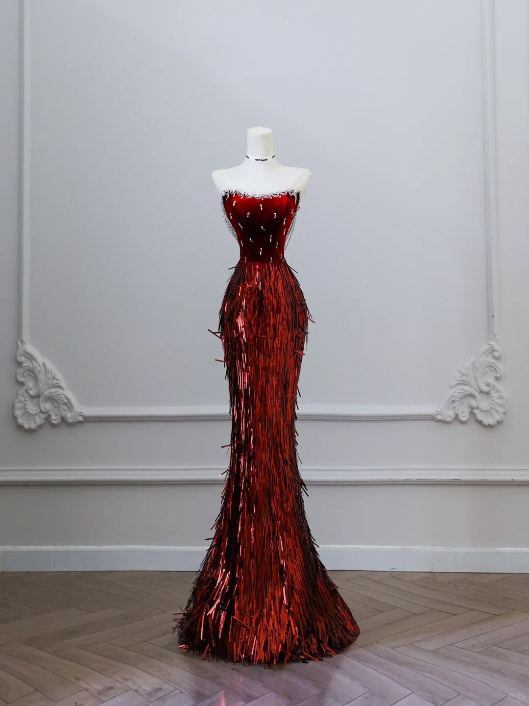 Unique Red Mermaid Velvet Beaded Fitted Floor-Length Prom Dress P2511