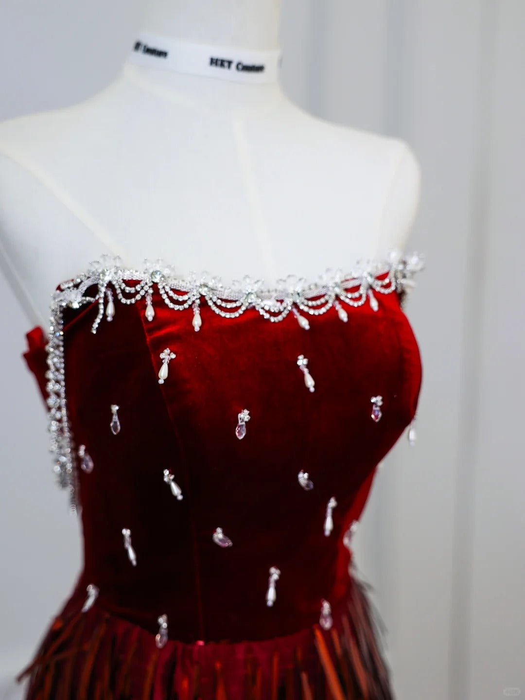 Unique Red Mermaid Velvet Beaded Fitted Floor-Length Prom Dress P2511