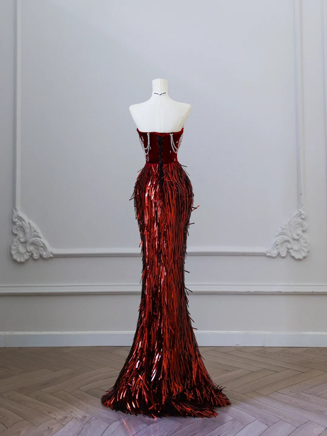 Unique Red Mermaid Velvet Beaded Fitted Floor-Length Prom Dress P2511