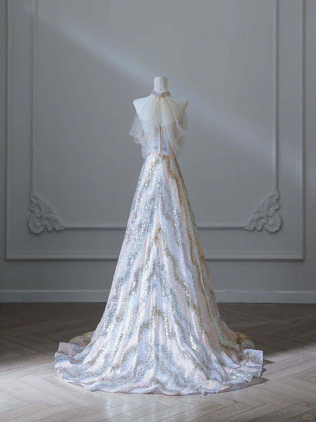 Unique and Elegant Colorblock Shiny Sequin Beaded Off-the-shoulder Floor-length Wedding Dress P2537