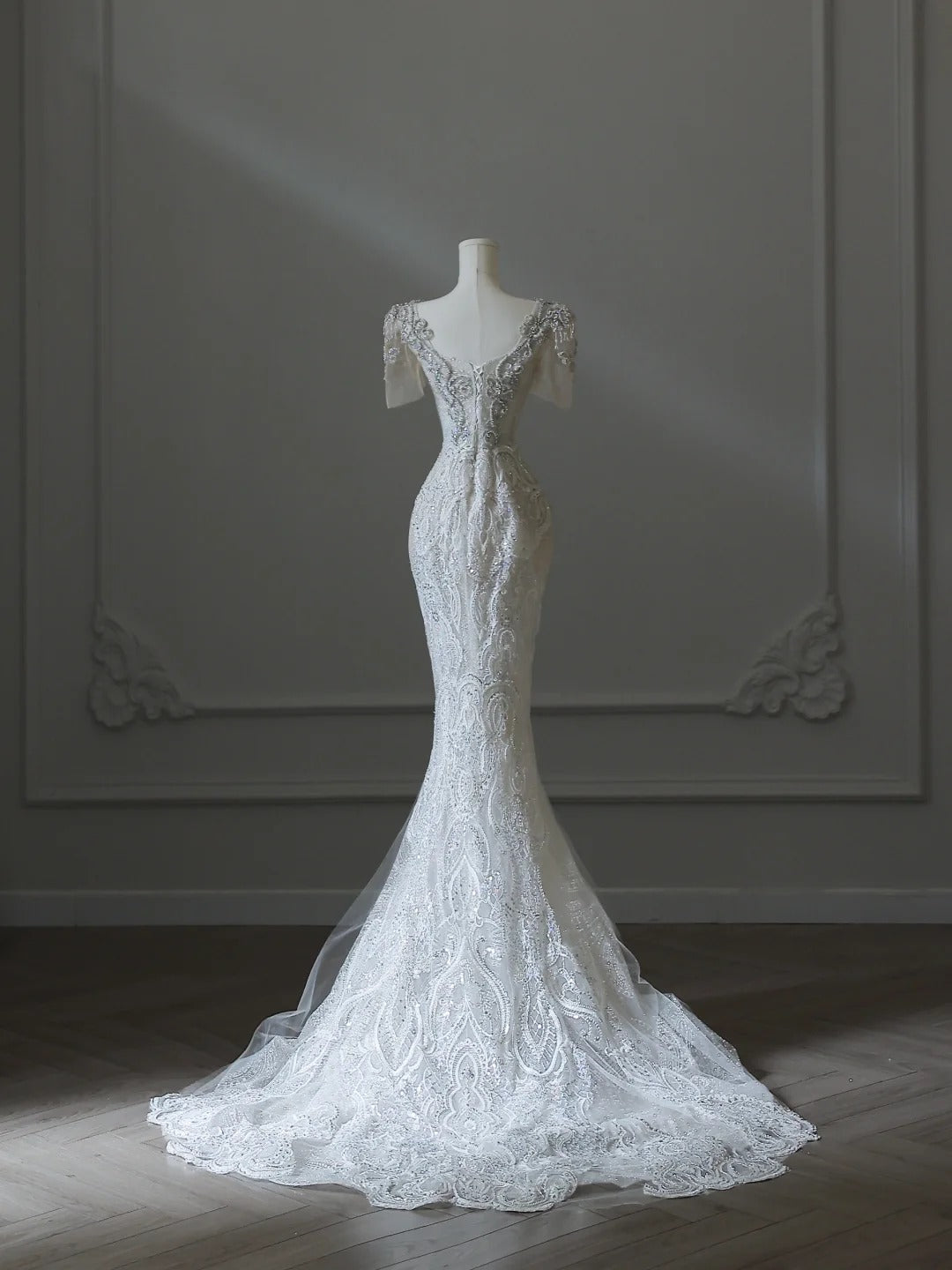 Illusion Square Neck Shiny Beaded Mermaid Lace Wedding Dress P2542