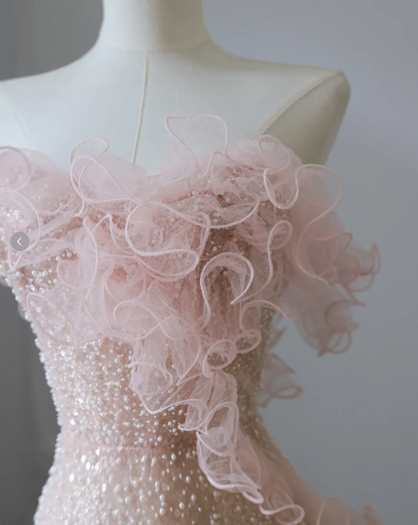 Elegant Pink Mermaid One Shoulder Beaded Prom Dress P2549